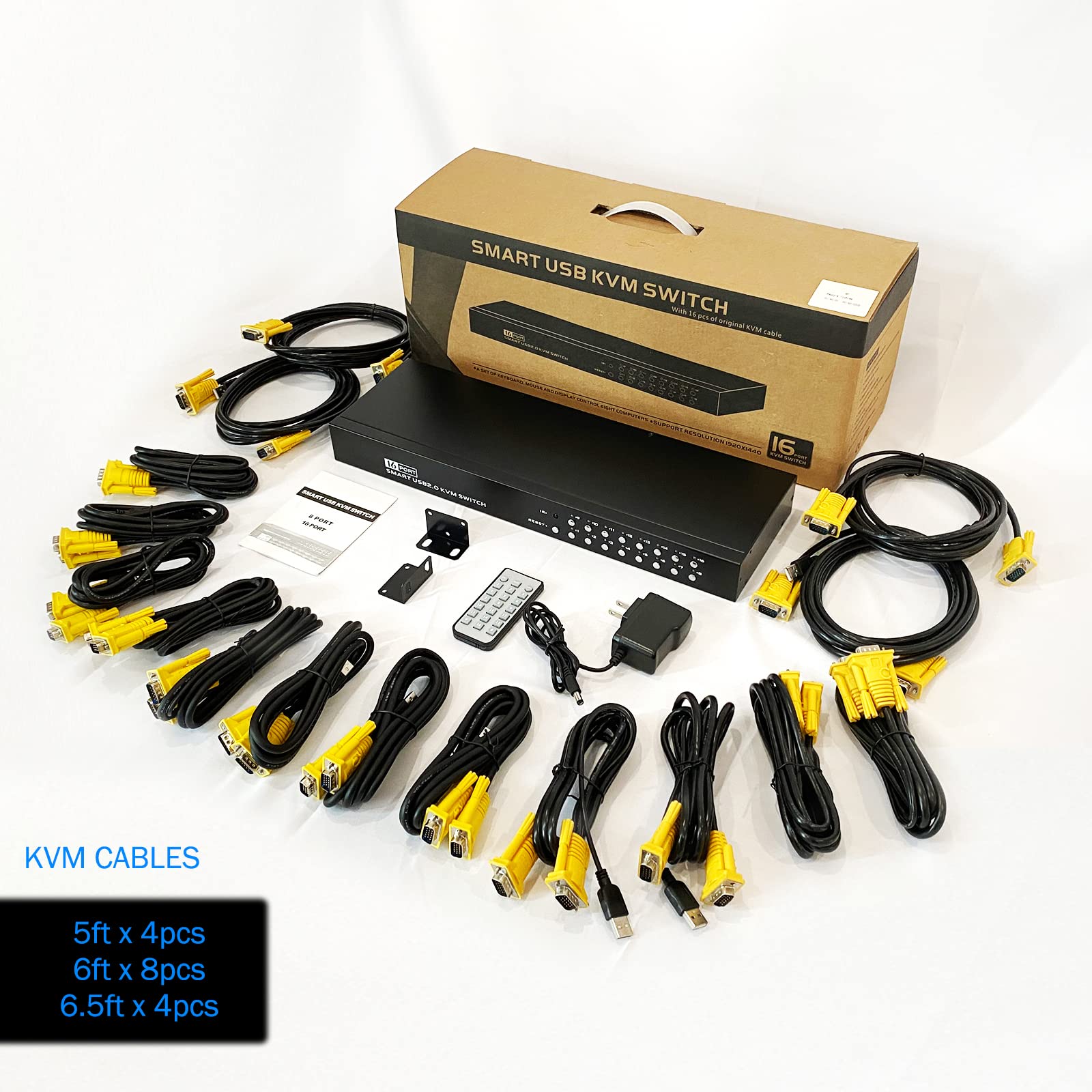16 Port KVM Switch with 16-Pack Cables & IR Remote - 1U Rack Mount Console for Server Management | Supports HD 1080P VGA | Ideal for Data Centers, IT Labs & Network Control Rooms
