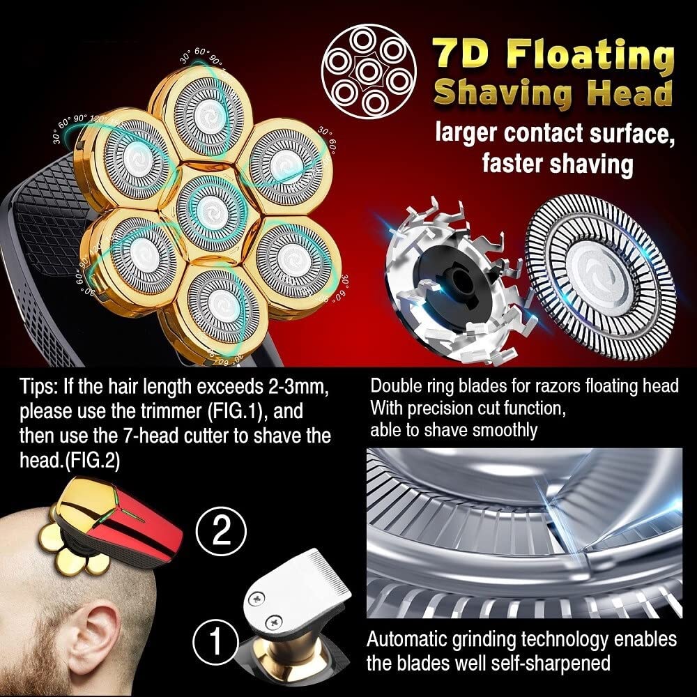 7D Floating Head Electric Razor for Bald Men - Waterproof 5-in-1 Multifunction Trimmer with 7 Independent Cutters (Iron-m01) | Perfect for Travel, Gym & Daily Shaving