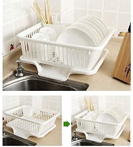 **2-Piece Plastic Dish Rack Set with Drain Board & Utensil Cup - Green Plate Holder for Kitchen Countertop | Space-Saving Drying Rack for Pans, Dishes & Cutlery | Ideal for Small Kitchens & Dish Drying Organization**
