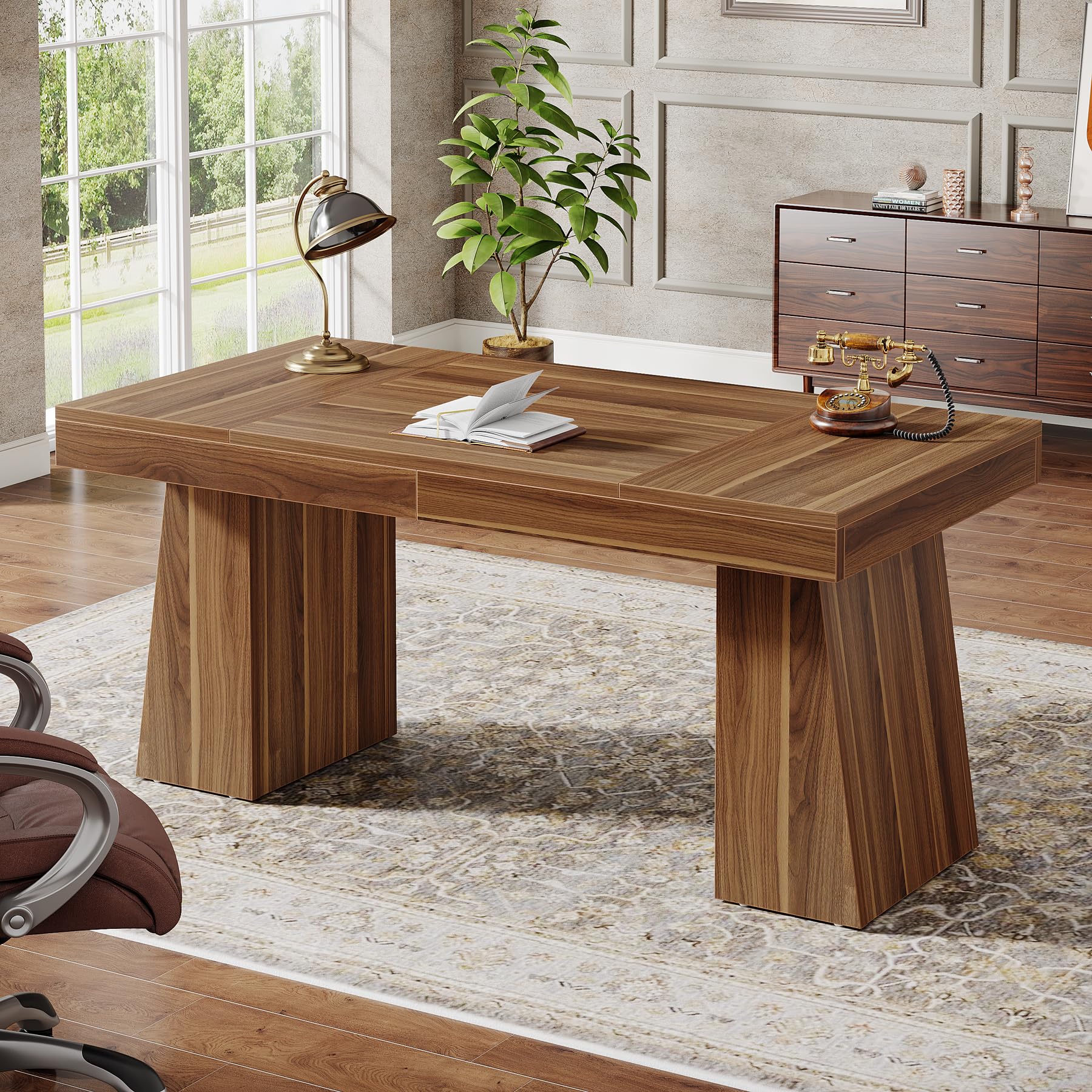 Tribesigns 55 Inch Modern Executive Desk - Mid-Century Style Home Office Desk with Double Trapezoid Base, Wooden Computer Workstation for Business & Study - Perfect for Small Office, Home Office & Conference Room (Brown)
