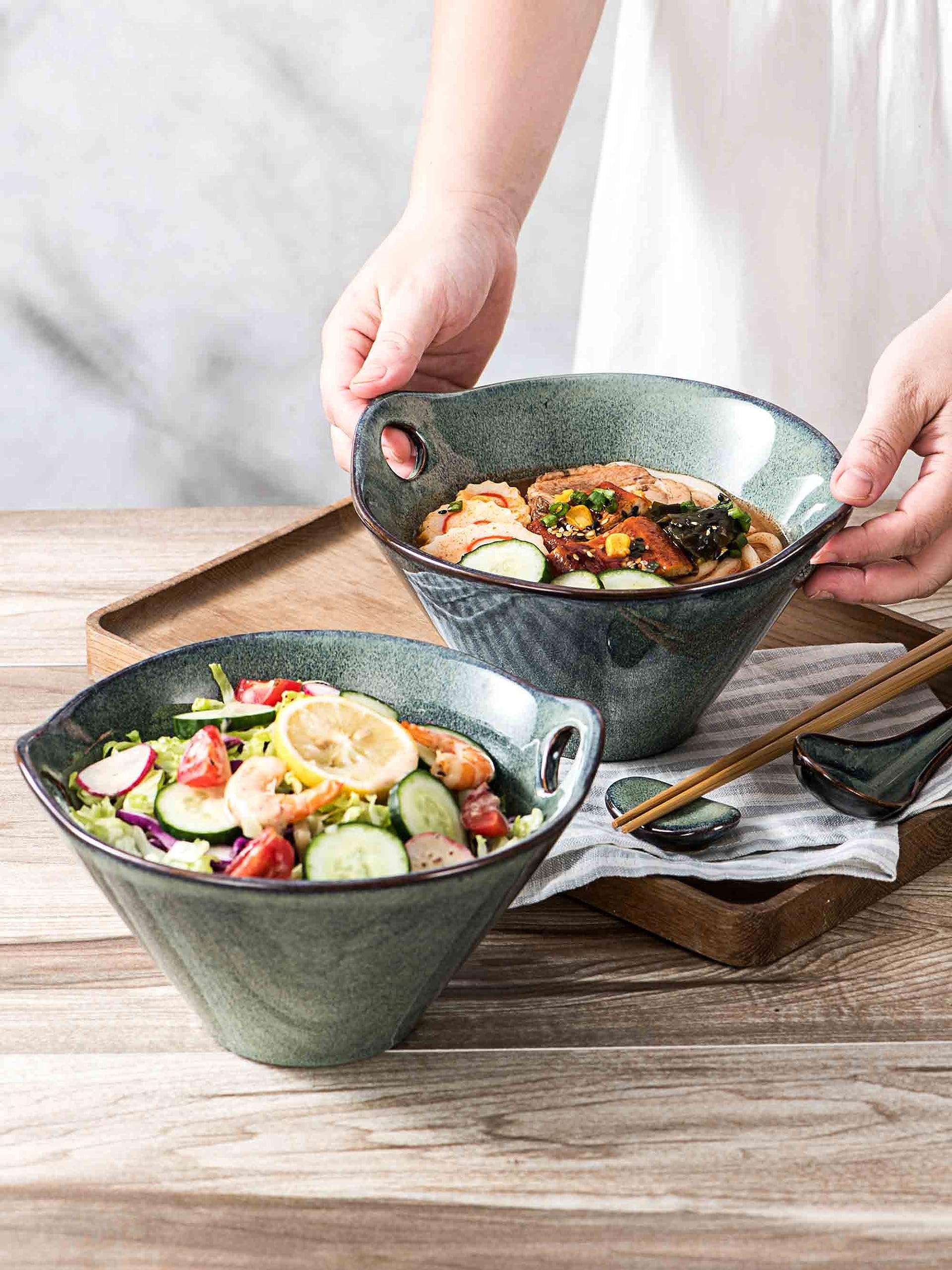 Henten 26oz Ceramic Ramen Bowls Set of 2 - Microwave Safe Japanese Noodle Bowls for Udon & Soup (Green)