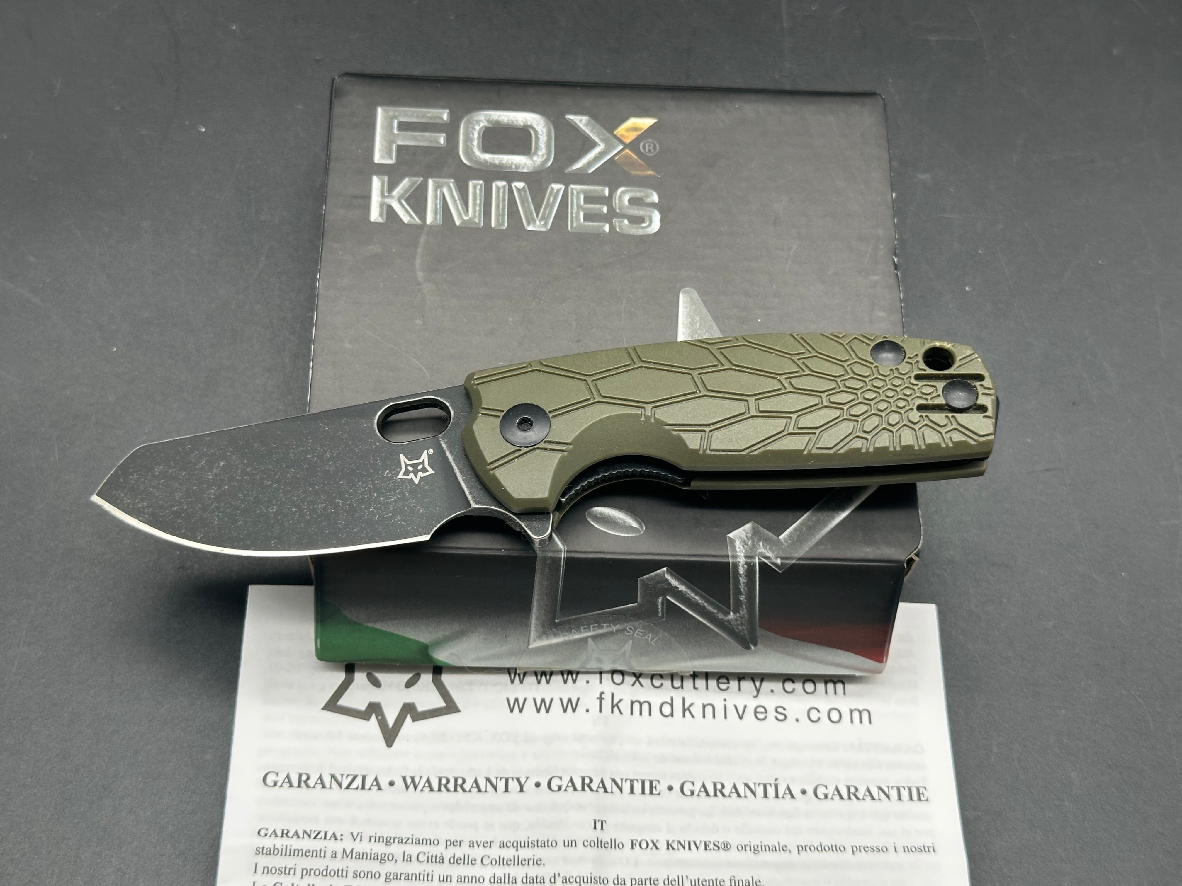 Fox Knives Baby Core Mini Liner Lock Pocket Knife - Green FRN Handle, EDC Folding Knife for Camping, Hiking & Outdoor Activities