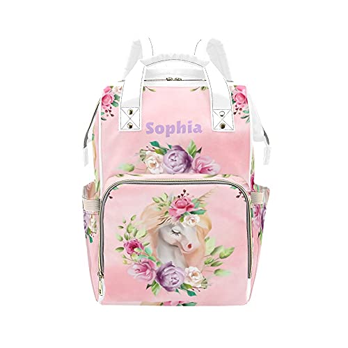 Custom Personalized Watercolor Unicorn Floral Diaper Backpack - Nursing Baby Bag with Name Embroidery, Tote & Shoulder Bag for Moms | Perfect Baby Shower Gift & Everyday Parenting Essential