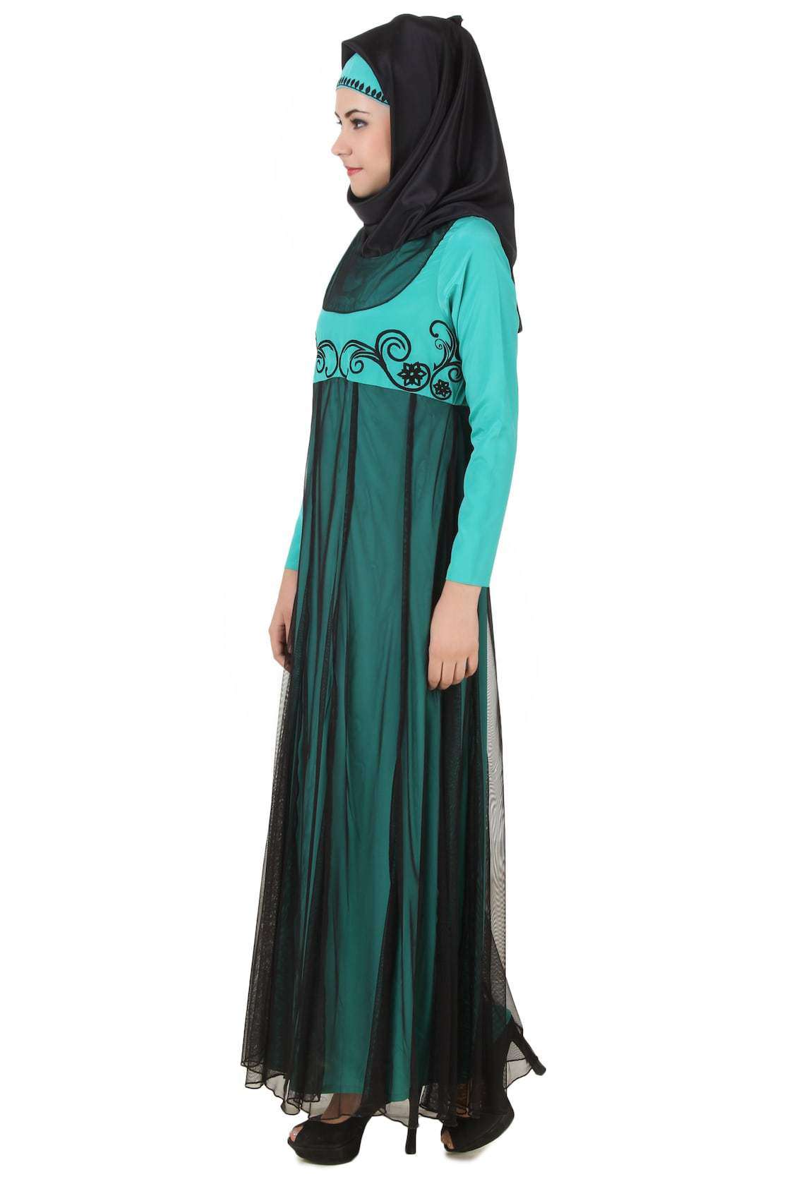 Elegant Turquoise Green and Black Net Crepe Abaya for Women - Perfect for Eid, Weddings, and Special Occasions