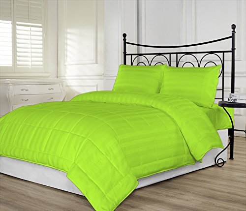 RBS Bedding 650 Thread Count 1-Piece Comforter - 100 GSM Microfiber Fill Box Stitched - Queen/Olympic Queen Size (86x86 inches) - Parrot Green Stripe - 100% Egyptian Cotton - Ultra Soft & Breathable for All-Season Comfort - Perfect for Master Bedroom, Guest Room & Hotel Use