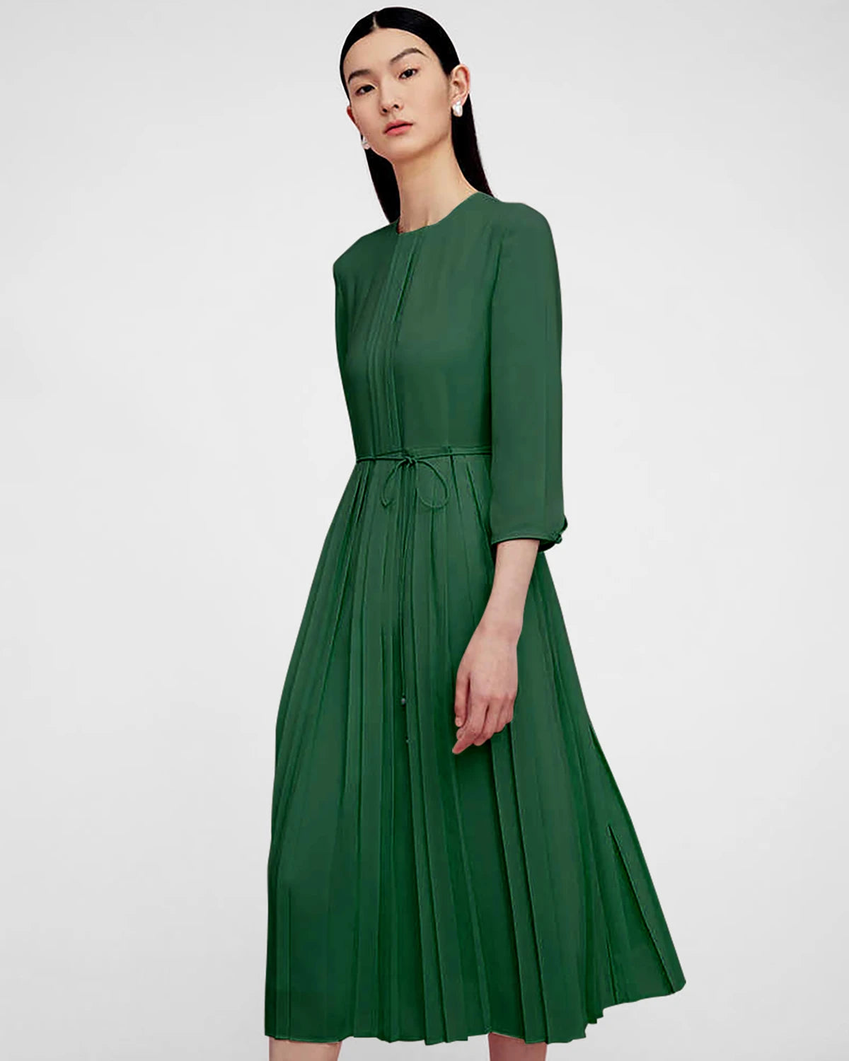 Elegant Pleated 3/4 Sleeve Silk Dress for Women - Perfect for Cocktail Parties, Weddings & Special Occasions