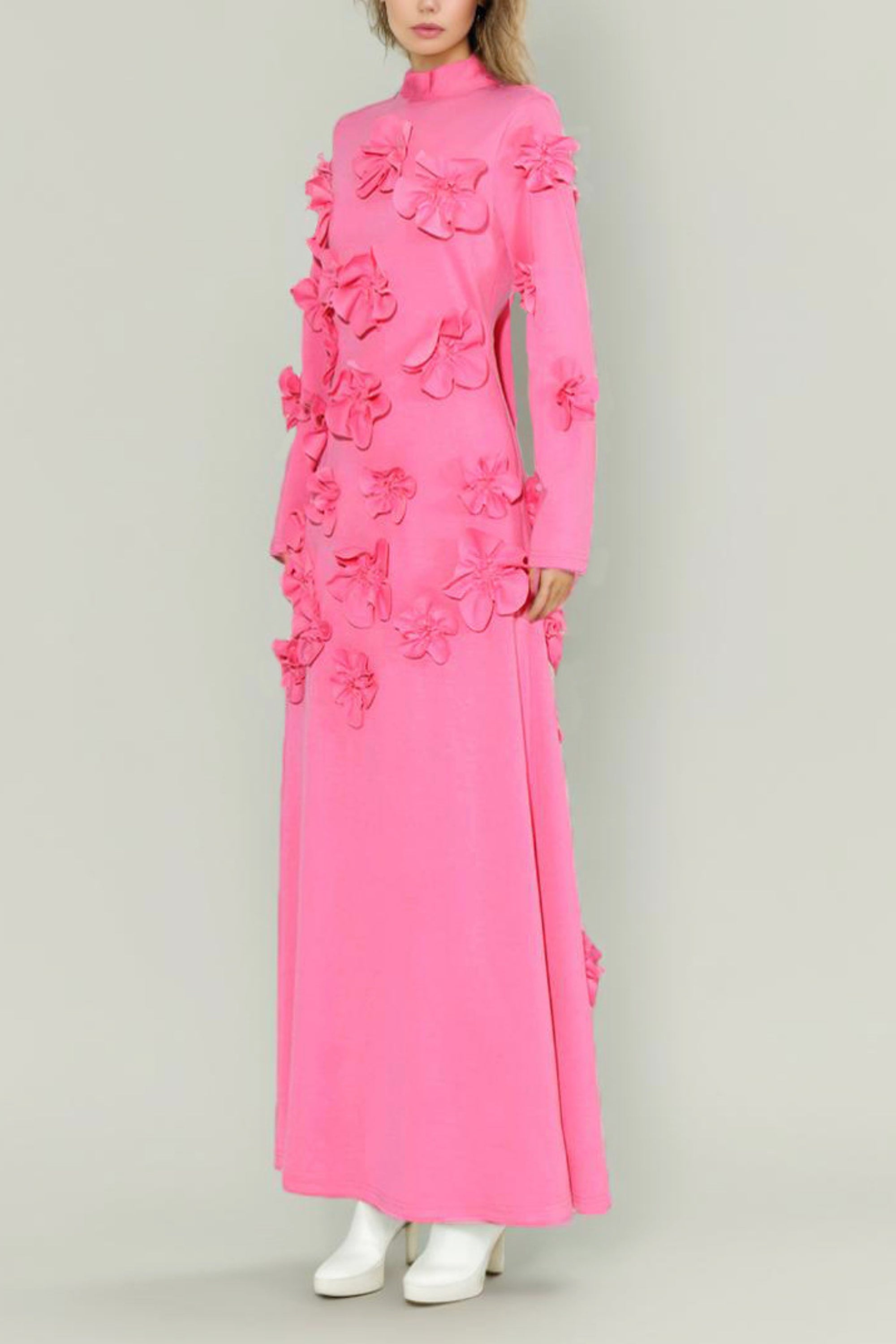 Elegant 3D Flower Stand Collar Long Sleeve Midi Dress for Women | Floral Print Party & Wedding Guest Dress | Perfect for Spring Events, Date Nights & Special Occasions