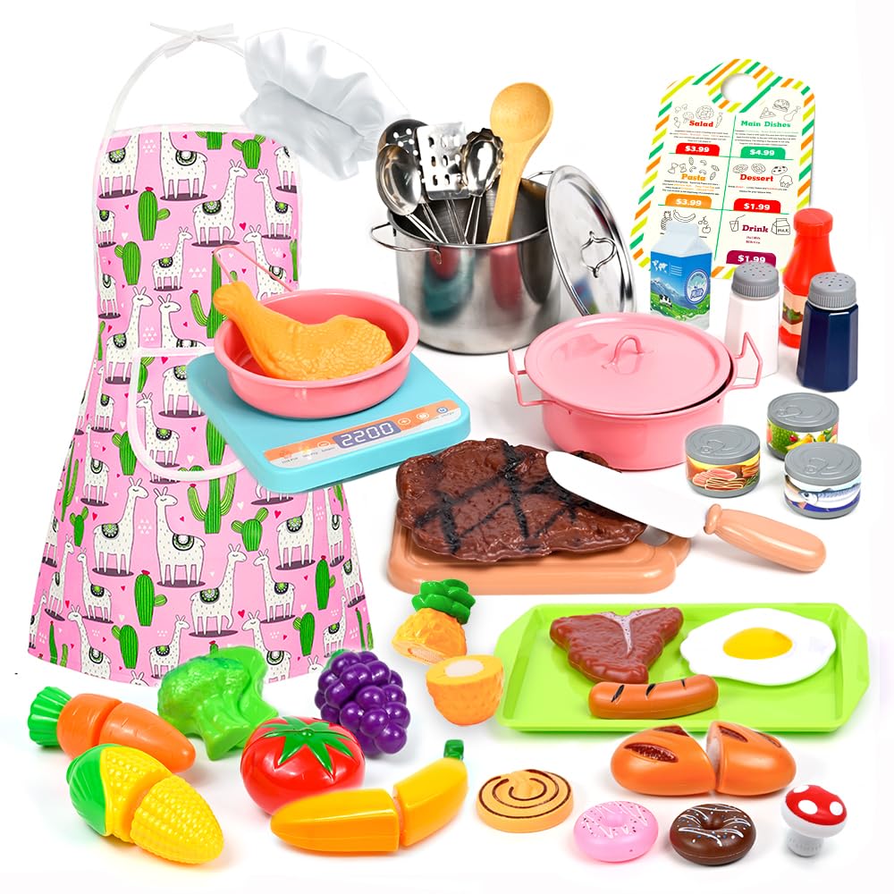 36Pcs Stainless Steel Kids Play Kitchen Set - Pretend Cooking Toys with Pots, Pans, Utensils & Play Food - Toddler Pretend Play Accessories for Girls & Boys (Pink) - Perfect for Role Play, Birthday Gifts & Early Learning Development
