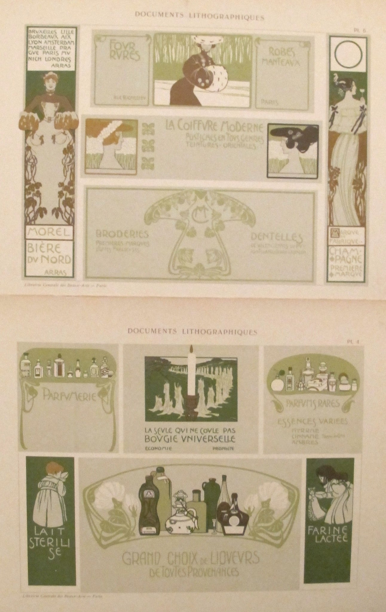 Antique 1900s Belle Epoque Design Sheets - Original Lithographic Plates Set of 5 (Including Plate #6) - Vintage French Art Nouveau Documents for Home Decor & Framing Projects