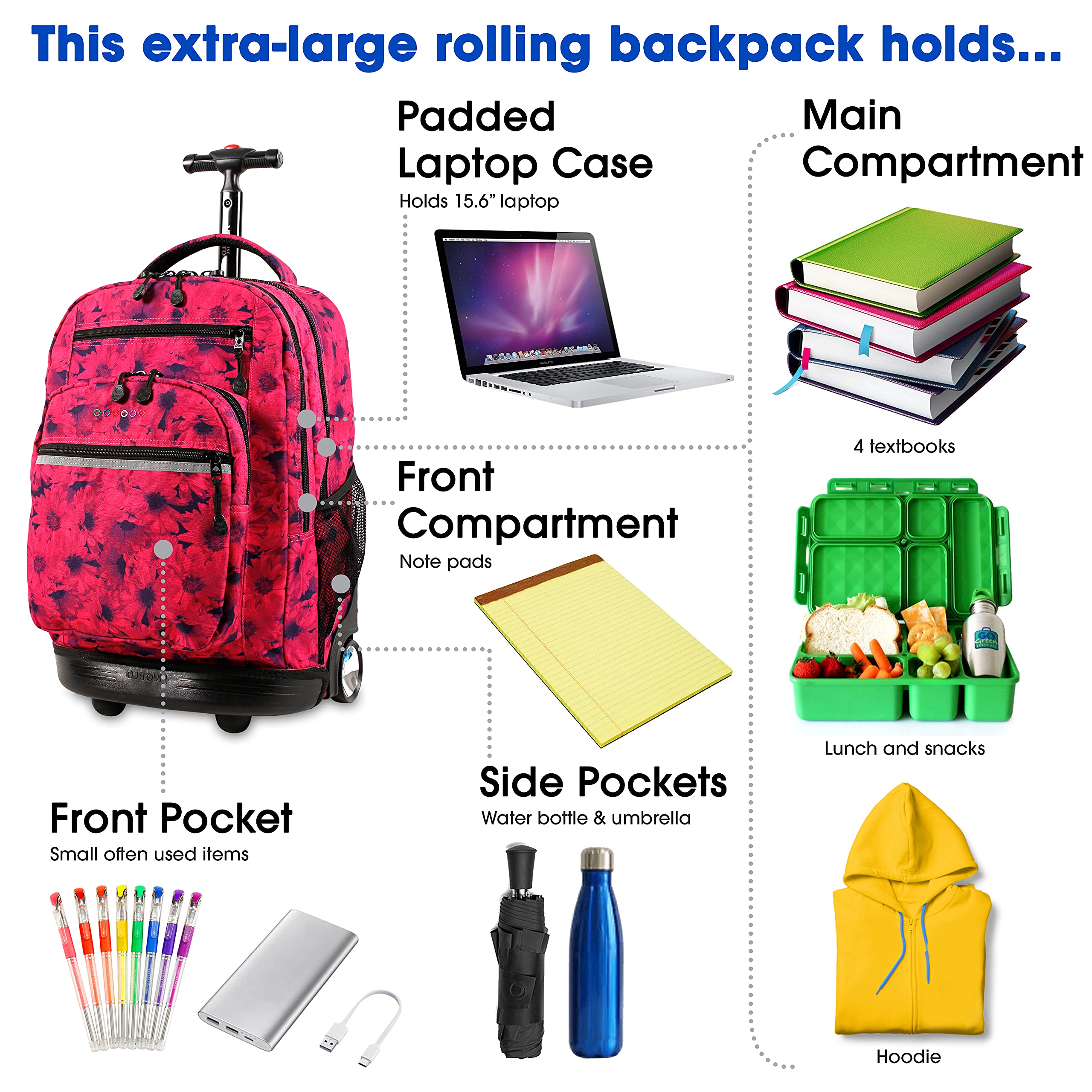 J World New York Sundance 20 Inch Rolling Backpack for Kids - Durable Wheeled Bookbag for School & Travel, Bellis Design - Perfect for Students, Commuters & Airplane Carry-On