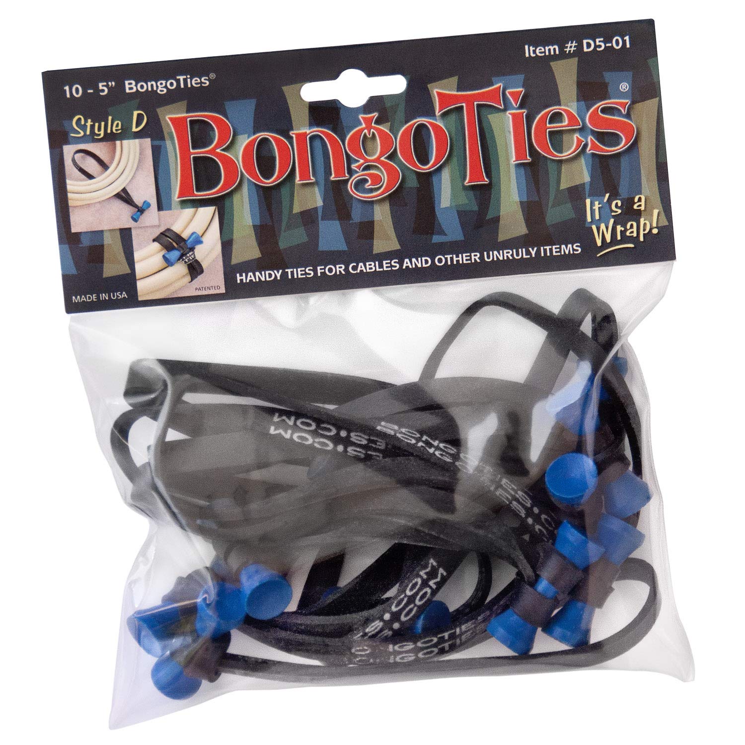 Azure Blue & Black Bongo Ties - 10 Pack Style-D | Natural Rubber & Bamboo Professional Cable Ties | Organize Cables, Wires & Home/Office Items | Durable Cord Management Solution for Electronics, DIY & Workshop