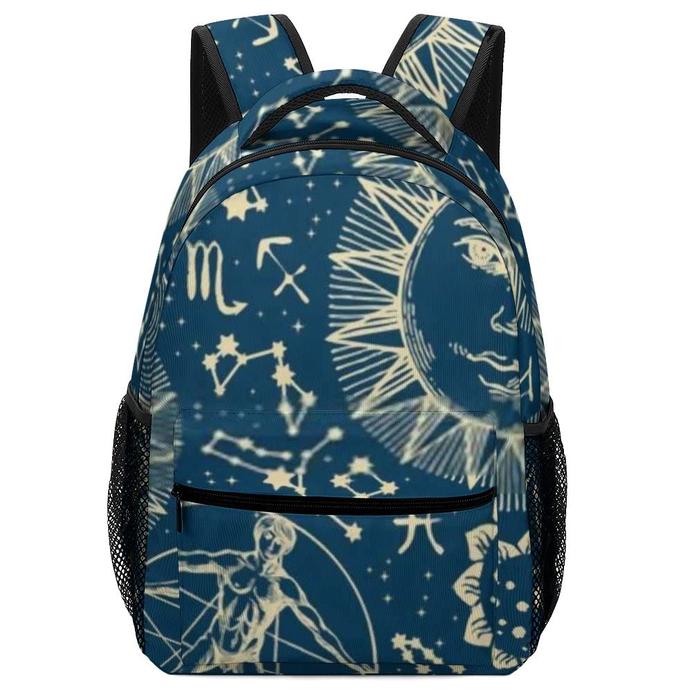 Vintage Blue Boho Backpack with Sun Moon Stars Constellations Print - 16.5 Inch Laptop Backpack for School, College, Hiking & Travel - Unisex Diaper Bag for Men & Women - Perfect for Daily Commute, Campus Life & Outdoor Adventures
