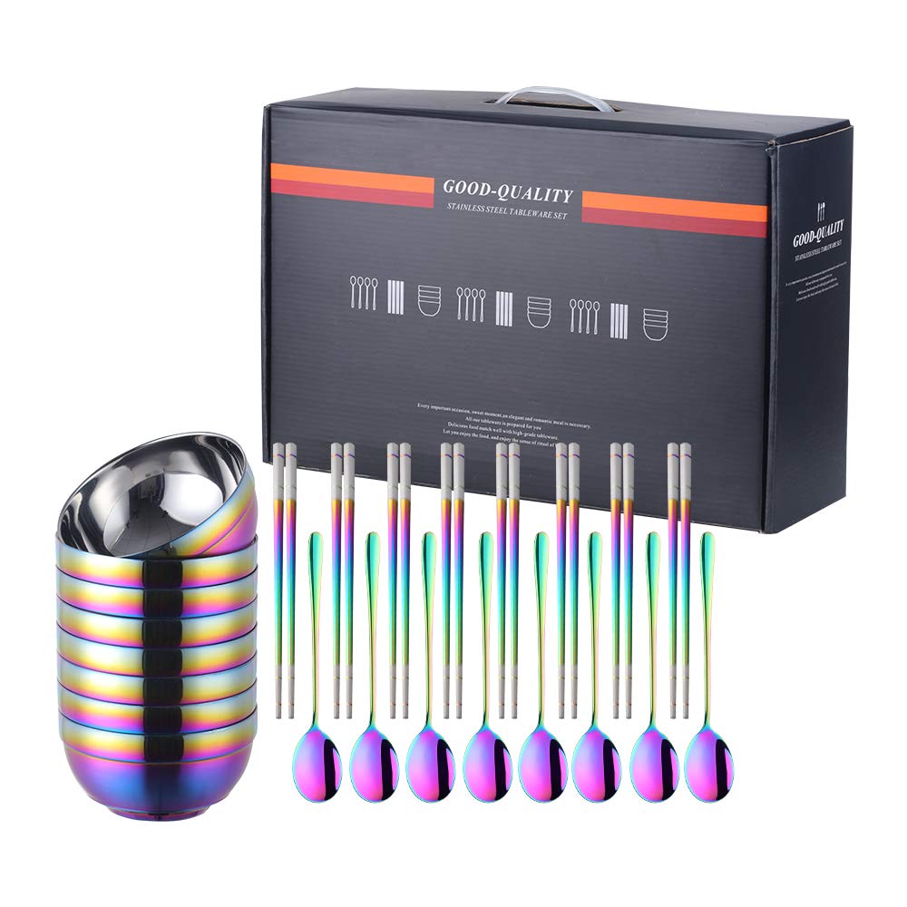 Premium 24-Piece SUS 304 Stainless Steel Bowl Set with Spoon & Chopsticks - 19oz Double-Walled Metal Rice & Cereal Bowls for Home, Restaurant & Kitchen Use - Rainbow Color Collection for Adults & Kids - Perfect for Dining, Serving, Camping & Meal Prep