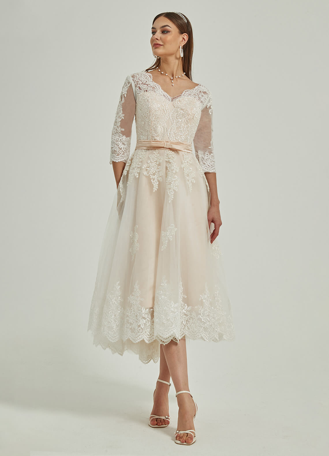 Elegant Diamond White & Champagne Lace A-Line Wedding Dress with 3/4 Sleeves and High-Low Hem - Perfect for Beach Weddings, Garden Ceremonies, and Romantic Vows