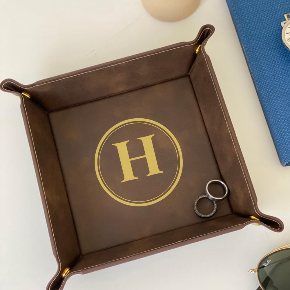Personalized Monogram Leather Valet Tray - Custom Engraved Vegan Leather Catch All Tray for Desk Storage & Organization | Perfect for Jewelry, Keys, Coins & Everyday Essentials