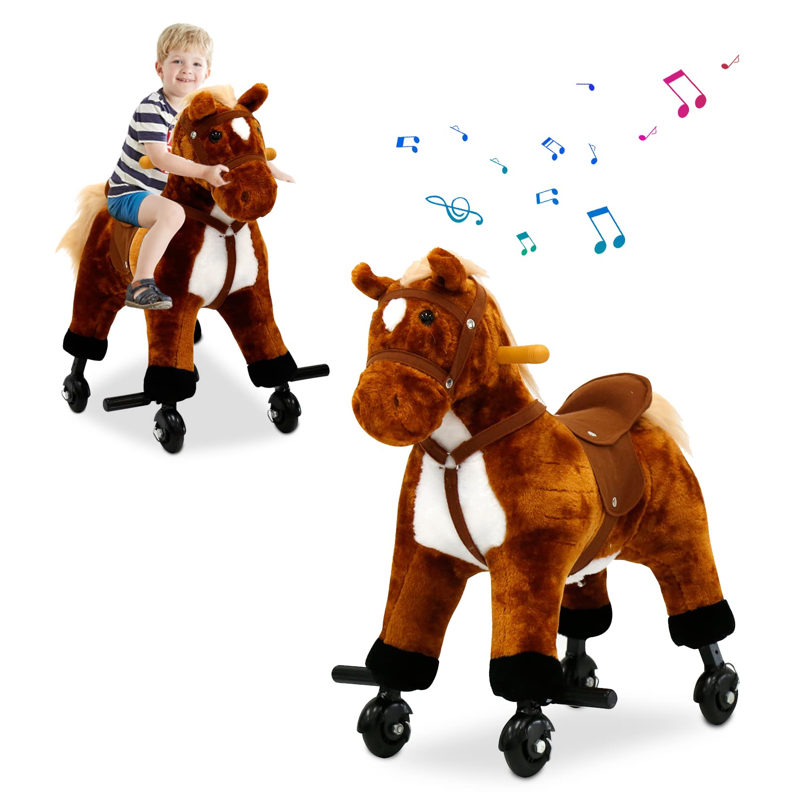 Kids Ride On Horse Toy with Rolling Wheels & Sound - Mechanical Walking Pony for Children Ages 3-6 | Interactive Pretend Play Toy for Indoor & Outdoor Fun