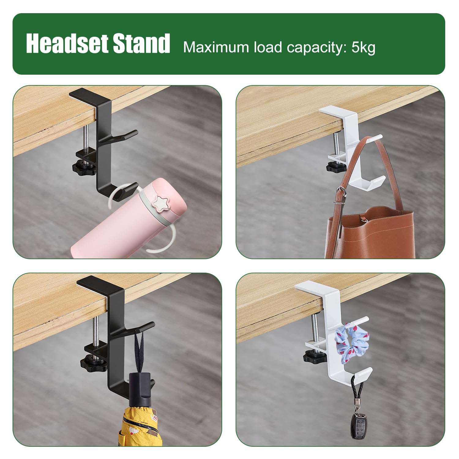 Jiehaojia 2-Pack Adjustable Universal Headphone Stand Holder - Under Desk Mount Gaming Headset Hanger for All Headphones (Black/White) - Perfect for Home Office, Gaming Setup & Workspace Organization