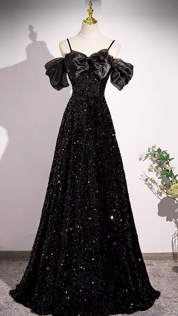 Elegant A-Line Off Shoulder Black Sequin Long Prom Dress J4375 - Perfect for Homecoming, Evening Gala & Formal Events