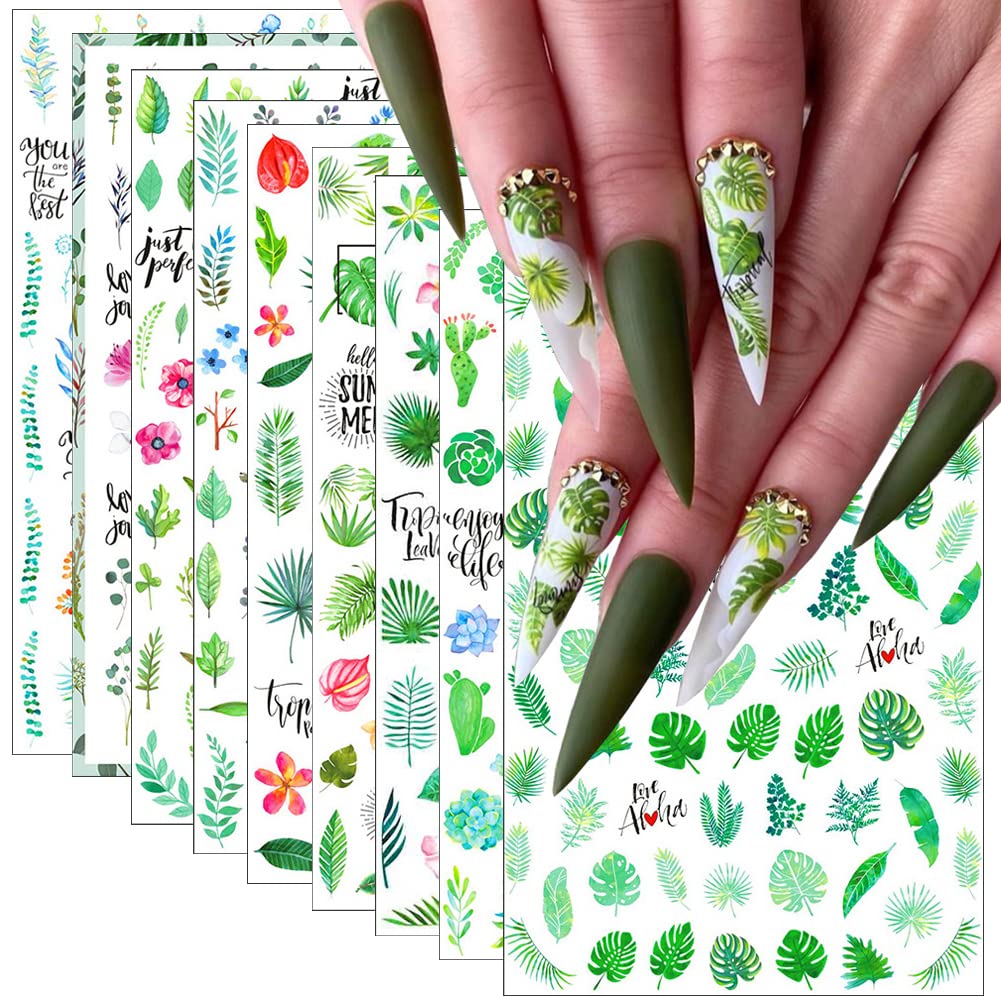 3D Self-Adhesive Nail Stickers - Tropical Green Plants, Palm Leaves & Cactus Designs for Manicure | DIY Nail Art Supplies & Accessories (9 Sheets) | Perfect for Summer Nail Decoration, Beach Vacations & Tropical Themed Parties