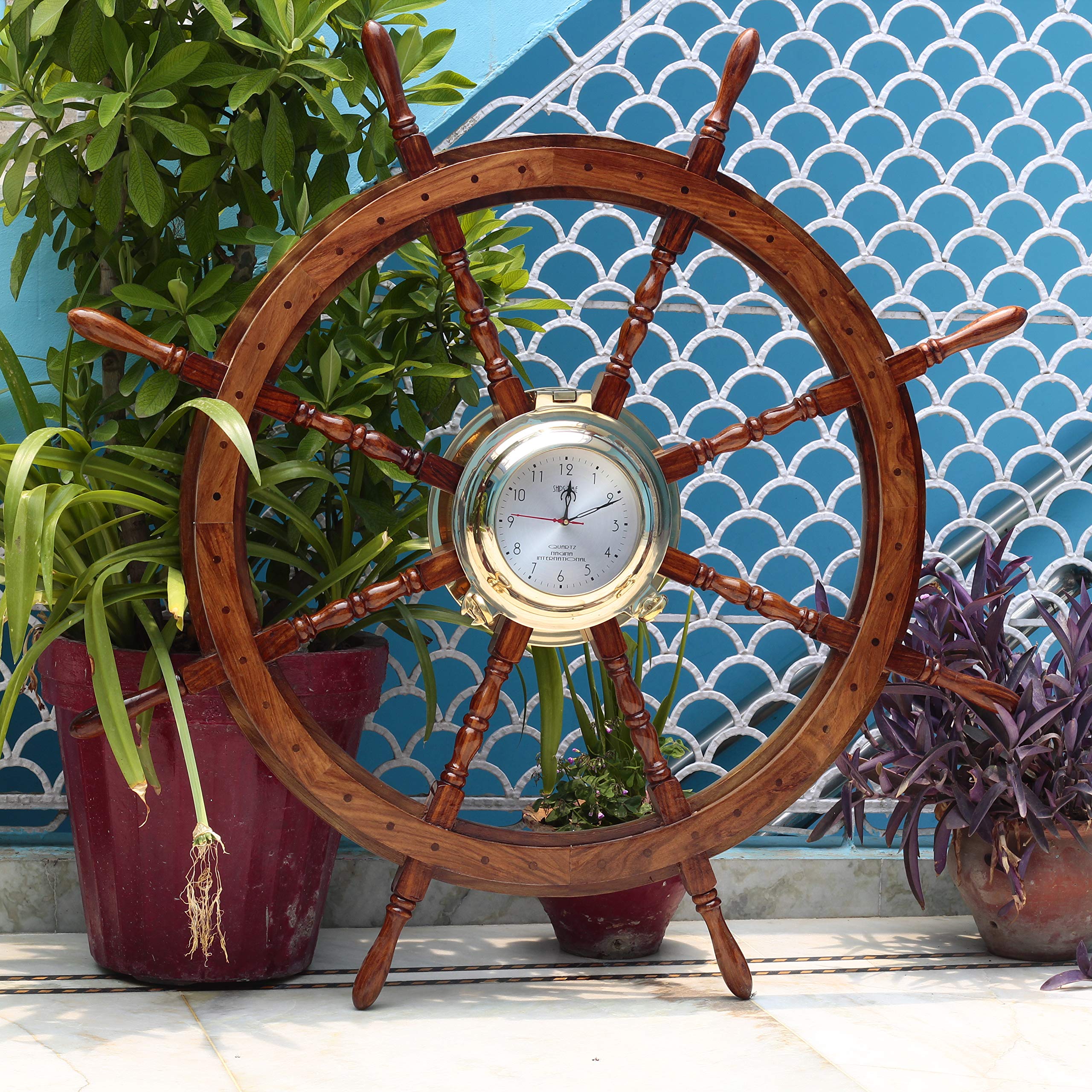 Pirate Style Nautical Wooden Ship Wheel - 36 Inch Teak Finish Maritime Decor for Beach House, Captain's Cabin & Coastal Home Decor | Perfect Gift for Sailors & Sea Lovers