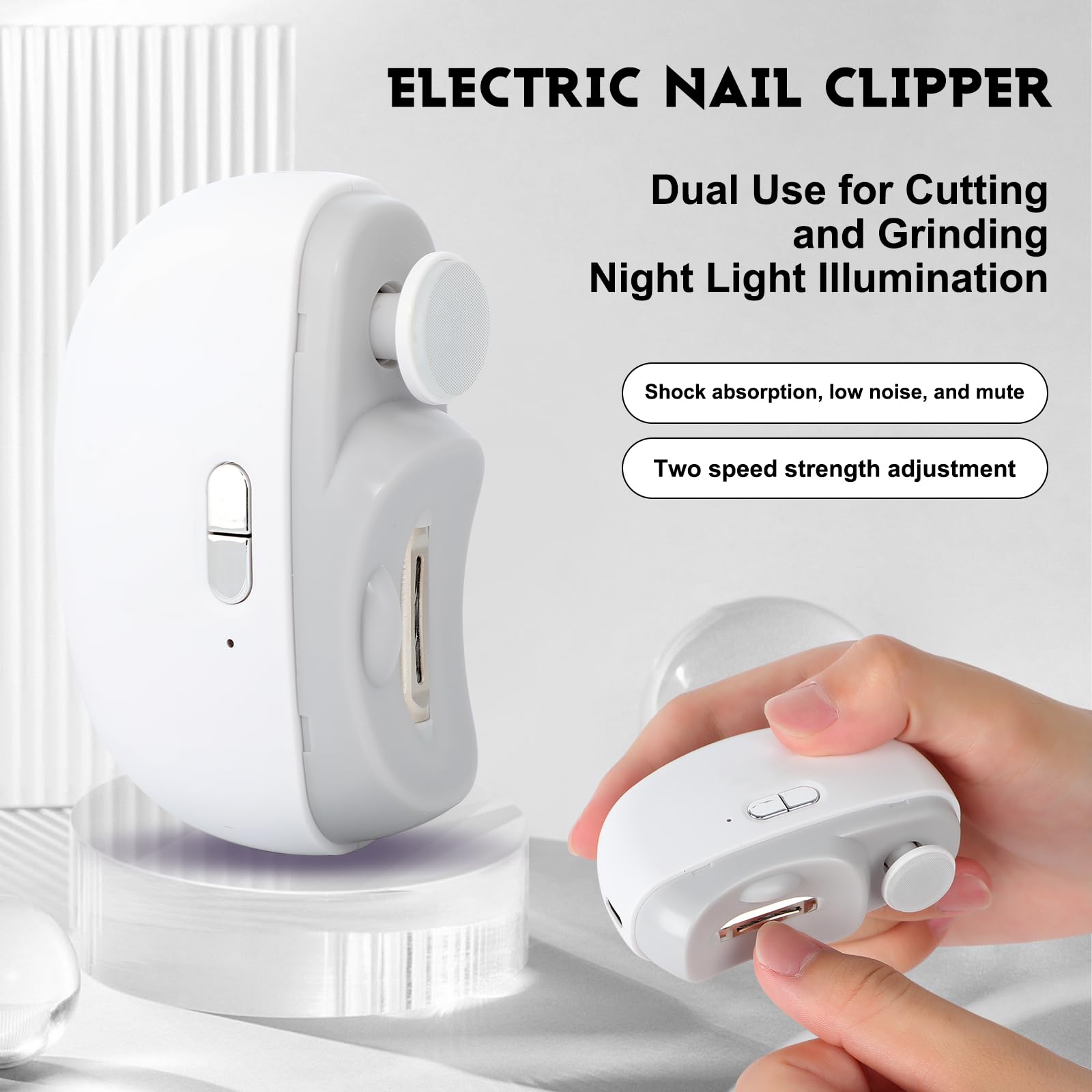 3 in 1 Automatic Electric Nail Clipper with Polishing & Light - 2 Speed Adjustable Nail Trimmer for Kids, Adults & Seniors - Perfect for Home, Travel & Manicure Care (White)