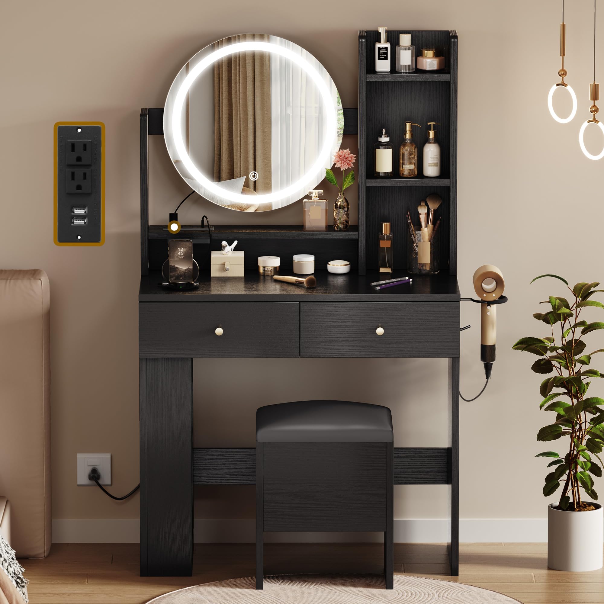 YITAHOME Makeup Vanity Desk with LED Lights & Mirror, Vanity Table Set with Power Outlets, Storage Drawer, 3 Shelves & Chair - Perfect for Bedroom, Dressing Room & Home Salon (Dark Black)