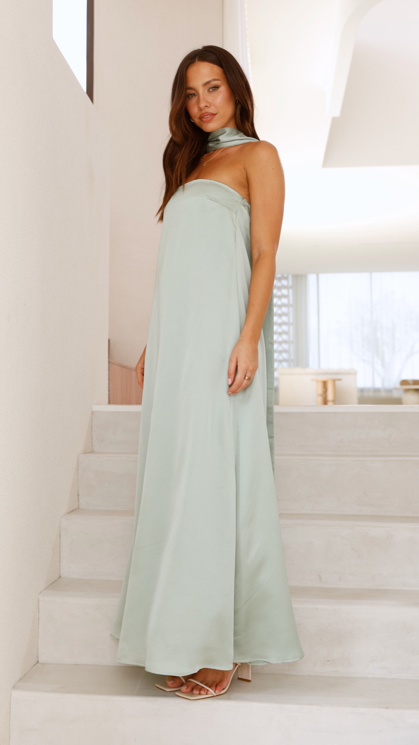 Strapless Scarf Maxi Dress in Sage Green - Flowy Summer Beach Dress for Women, Perfect for Vacations, Weddings & Outdoor Parties
