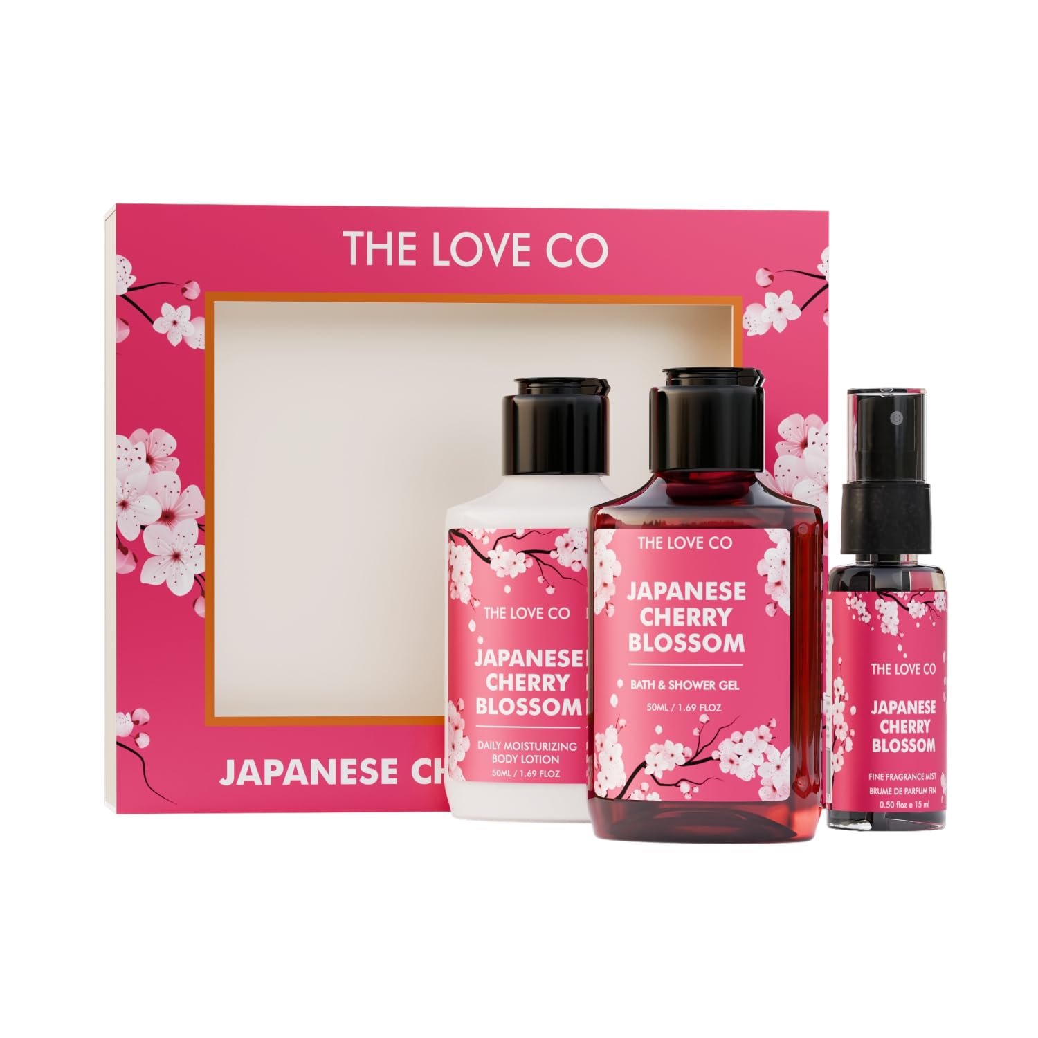 THE LOVE CO. Japanese Cherry Blossom Gift Set - Travel Size Shower Gel, Body Lotion & Body Mist Trio | Perfect Birthday, Anniversary & Valentine's Day Present | Spa Day, Romantic Getaway & Self-Care Essentials