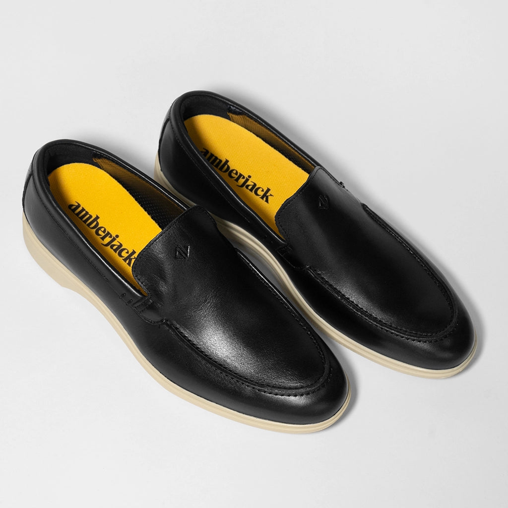 Premium Genuine Leather Loafers for Men - Obsidian & Cream Color - Comfortable Slip-On Shoes for Casual Wear, Office & Travel