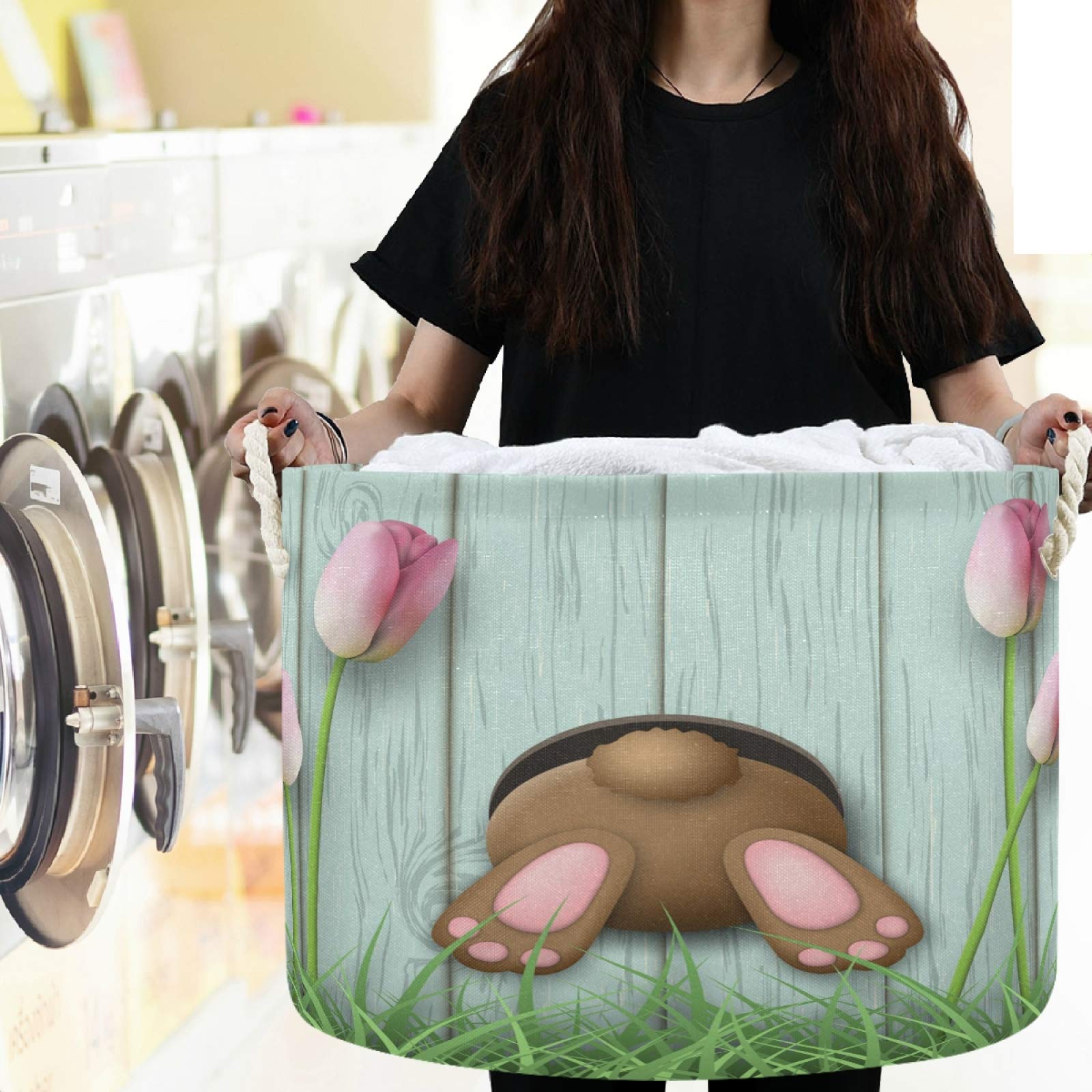 Visesunny Collapsible Large Capacity Storage Basket - Easter Brown Bunny Pink Tulip Design for Clothes, Toys & Laundry | Durable Cotton Handles | Space-Saving Home Organizer for Bathroom, Bedroom, Nursery & Closet | Perfect for Holiday Decor, Kids Room & Laundry Day Organization