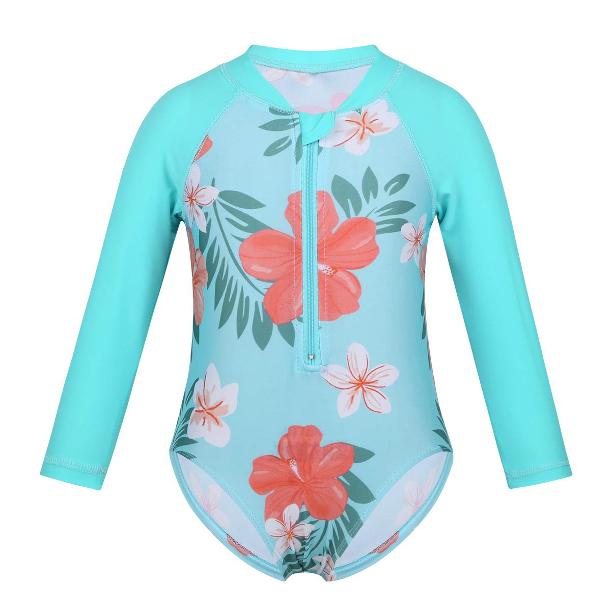 FEESHOW Girls' Long Sleeve Floral Rash Guard Swimsuit - UPF 50+ Sun Protection, Front Zipper One-Piece Swimwear for Toddler & Baby (Beach, Pool, Water Park)
