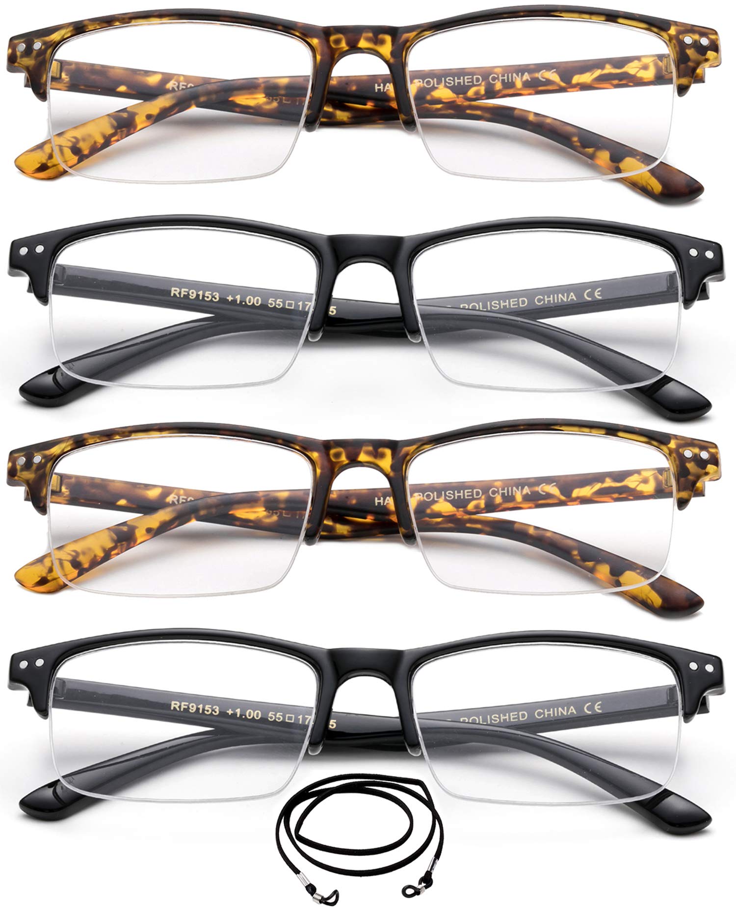 4 Packs Wide Frame Reading Glasses - Semi Rimless Stylish Fashion Readers for Men +1.50 Magnification | Perfect for Reading, Office Work & Computer Use