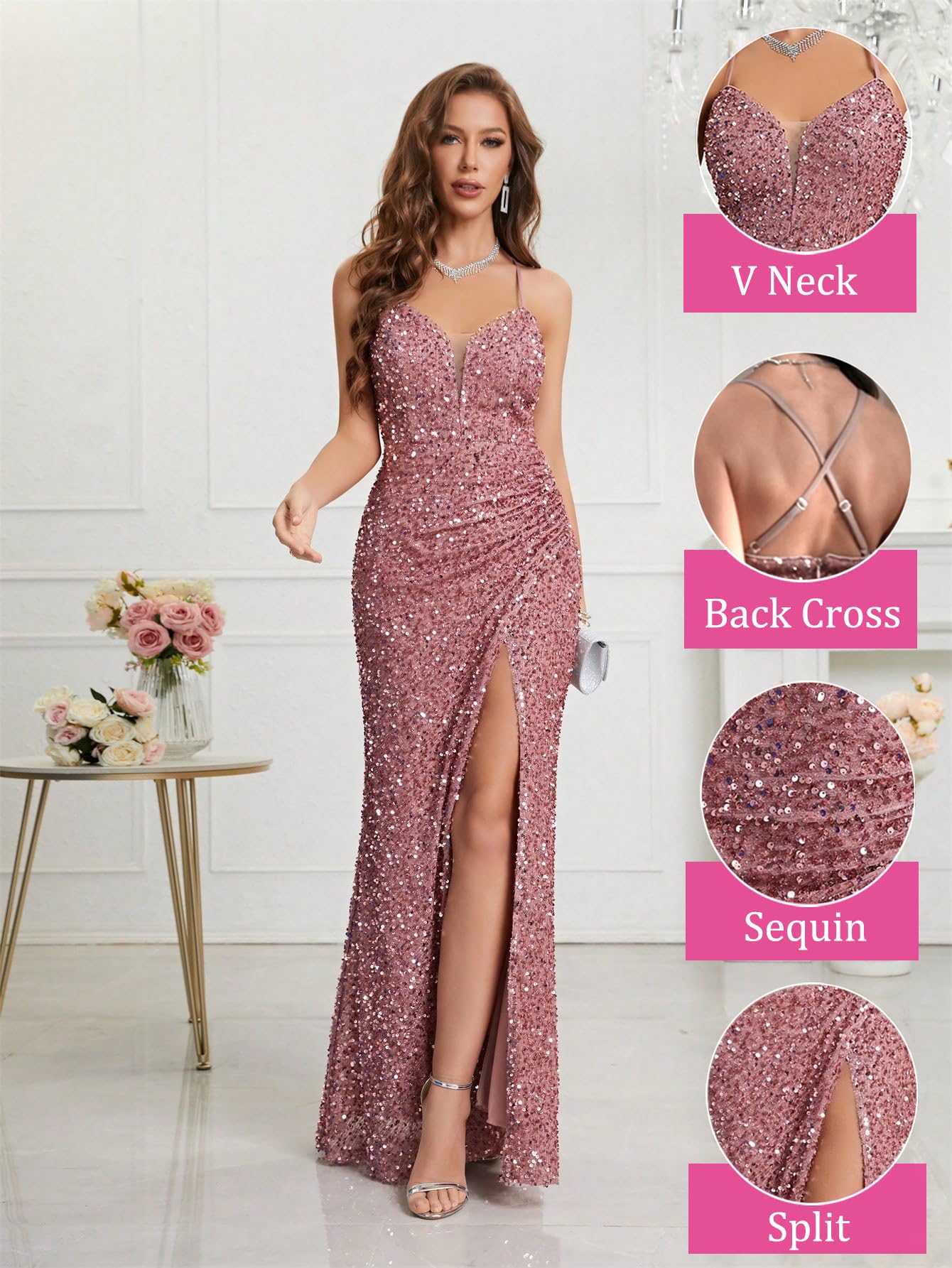 Sequin Prom Dress for Women - Sexy V-Neck Bodycon Evening Gown for Party & Night Out