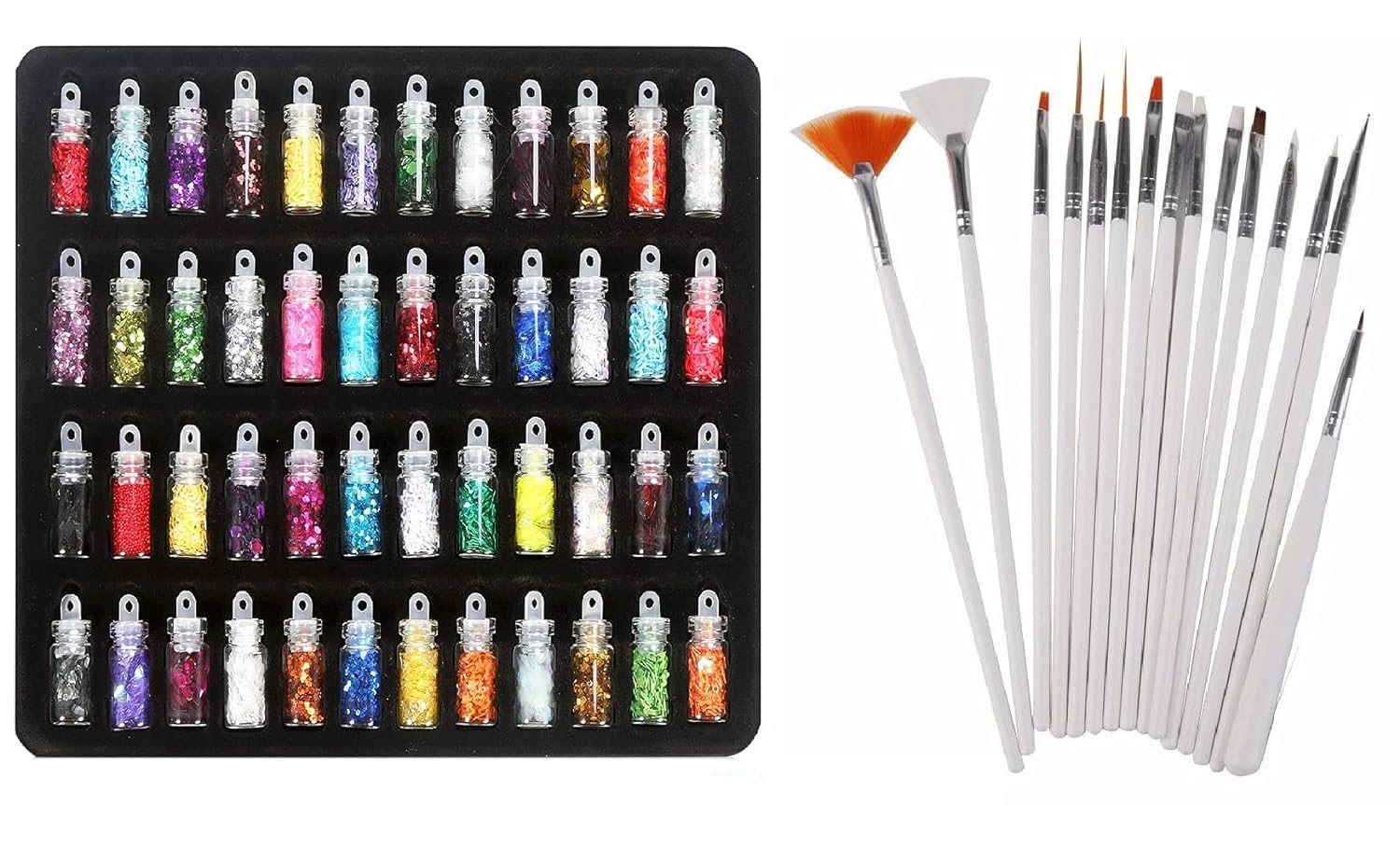 Khelni 48 Bottles 3D Nail Art Set with 15 Pcs Nail Art Brush Kit - Professional Nail Decoration Tools for DIY Manicure, Salon & Home Use