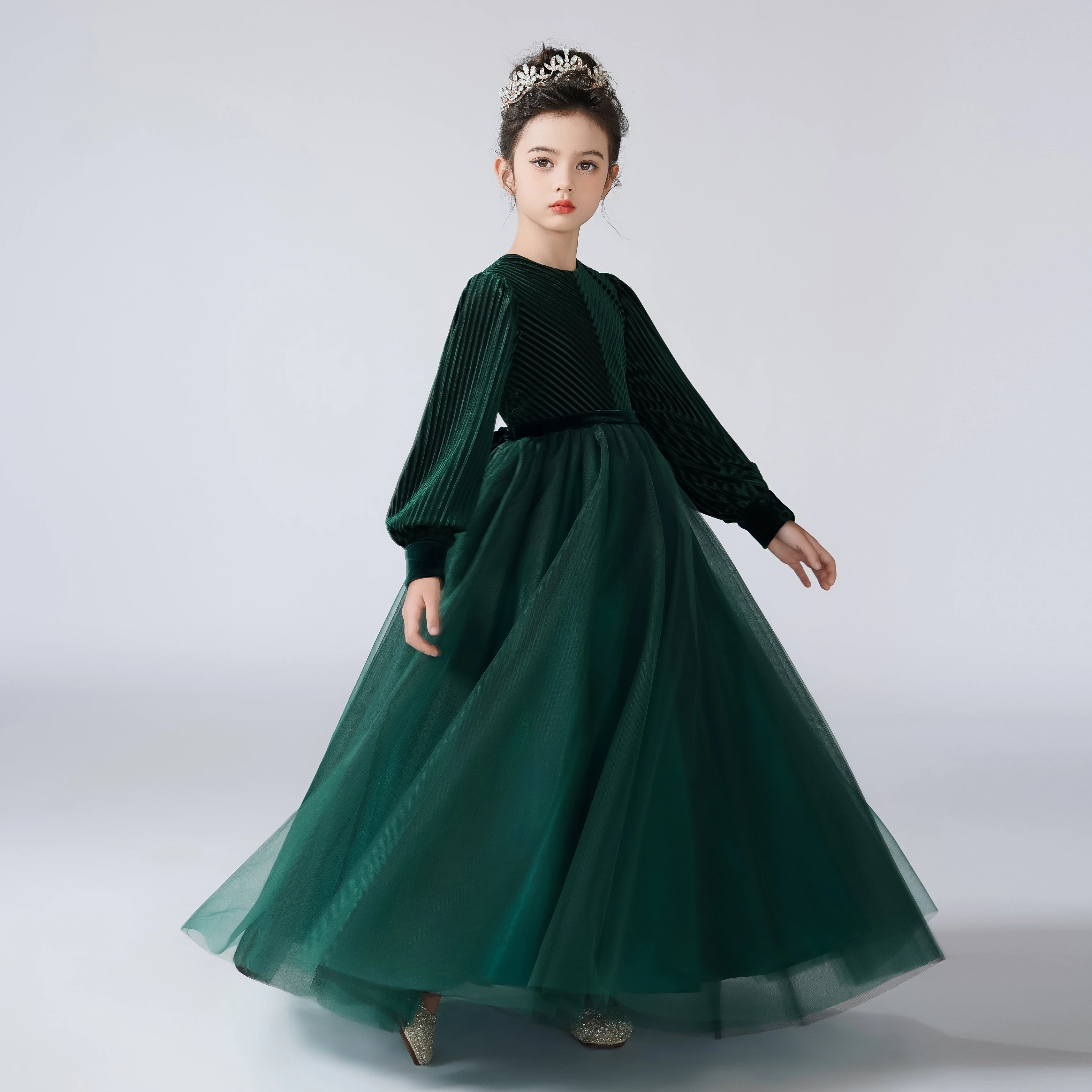 Velvet Full Sleeve Long Skirt Green Girls Formal Dress Pageant Gown for Special Occasions, Birthday Parties & Holiday Events