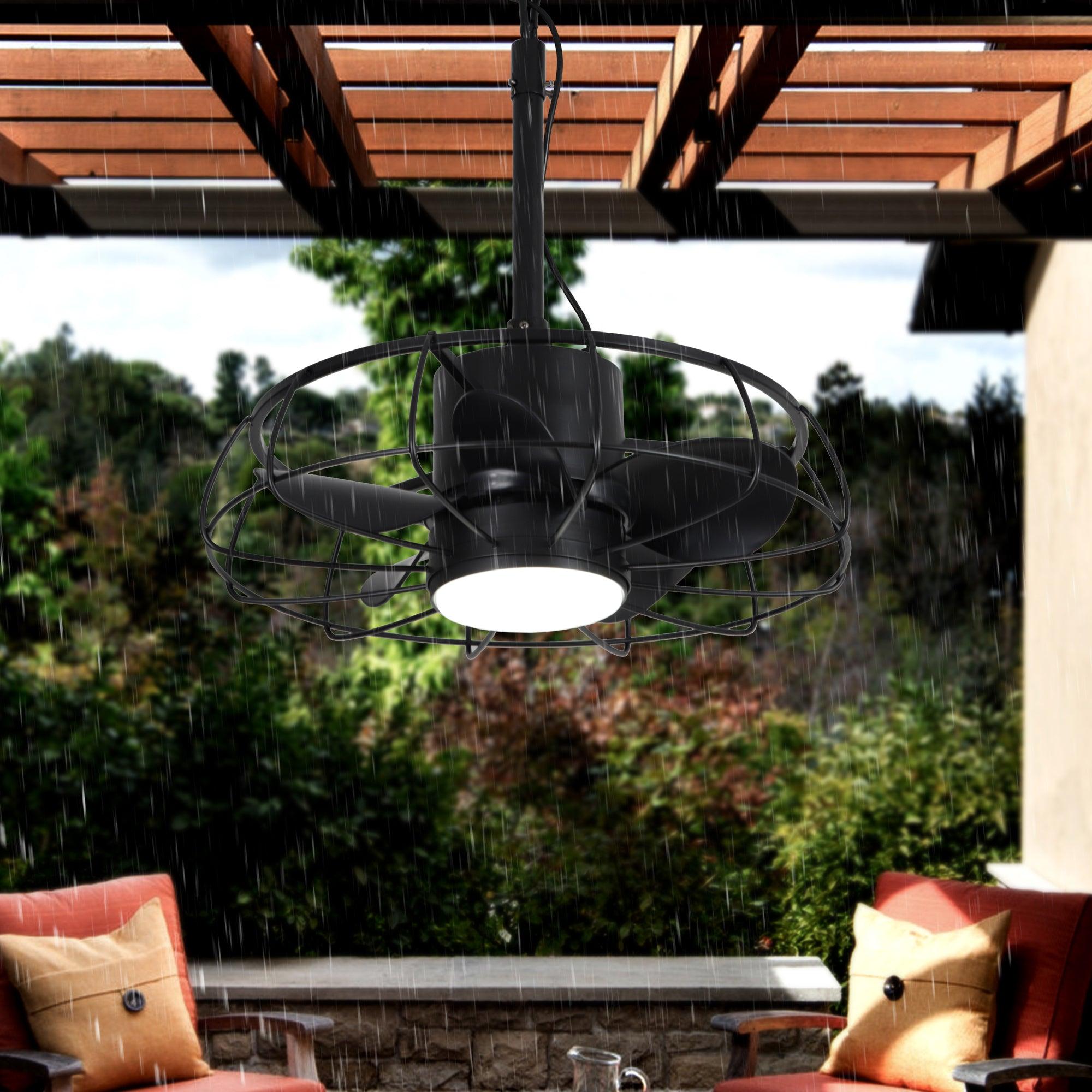 20 Inch Vistula Outdoor Ceiling Fan with Light - Black Industrial Style, DC Motor, Hanging Buckle Downrod - Perfect for Patio, Deck, and Covered Porch Cooling