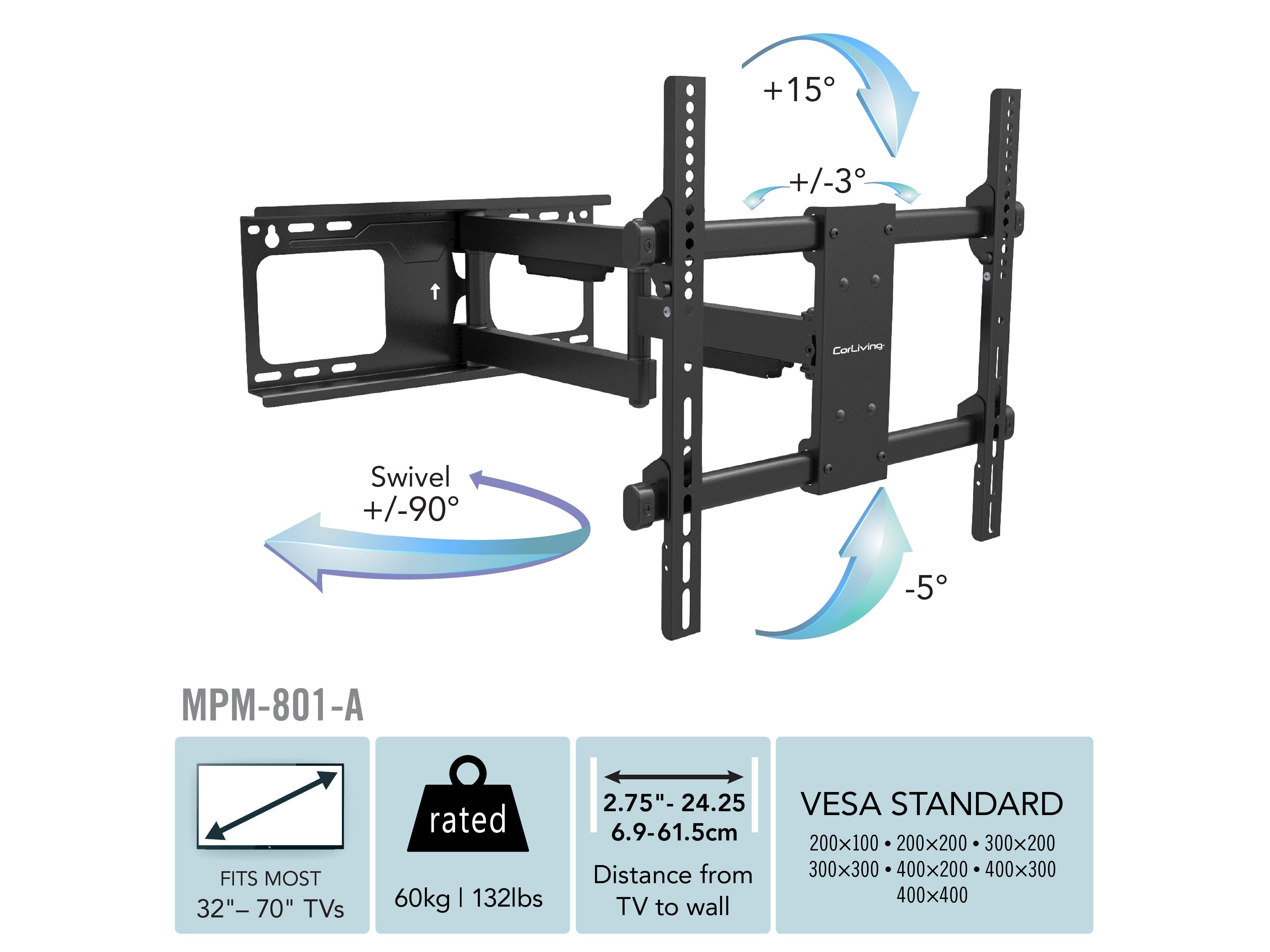 Full Motion TV Wall Mount Bracket for 32-70 Inch TVs - Articulating Swivel Tilt Extension - Universal Fit for Living Room, Bedroom, Office (Max VESA 600x400mm)