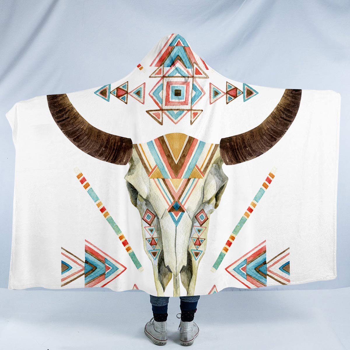 Sleepwish Animal Skull Hooded Blanket - Soft Sherpa Fleece Plush Throw with Tribal Cow Skull Design (60