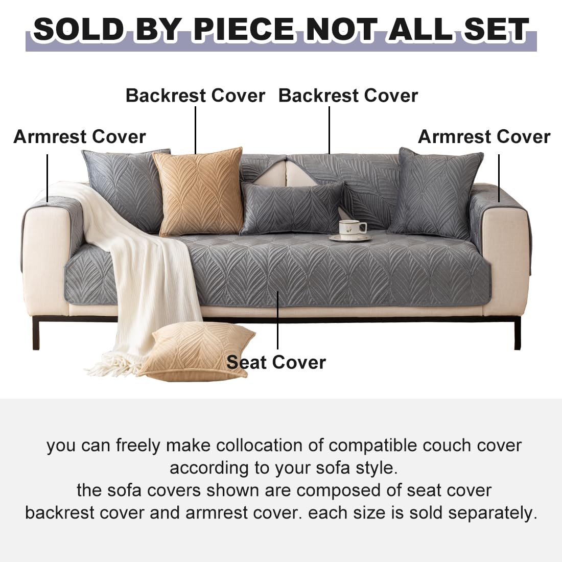 VCTOPS Super Soft Velvet Quilted Sofa Cover - Non-Slip Sectional Couch Protector with Leaf Pattern, Plush Furniture Slipcover for Pets & Kids (Grey, 28