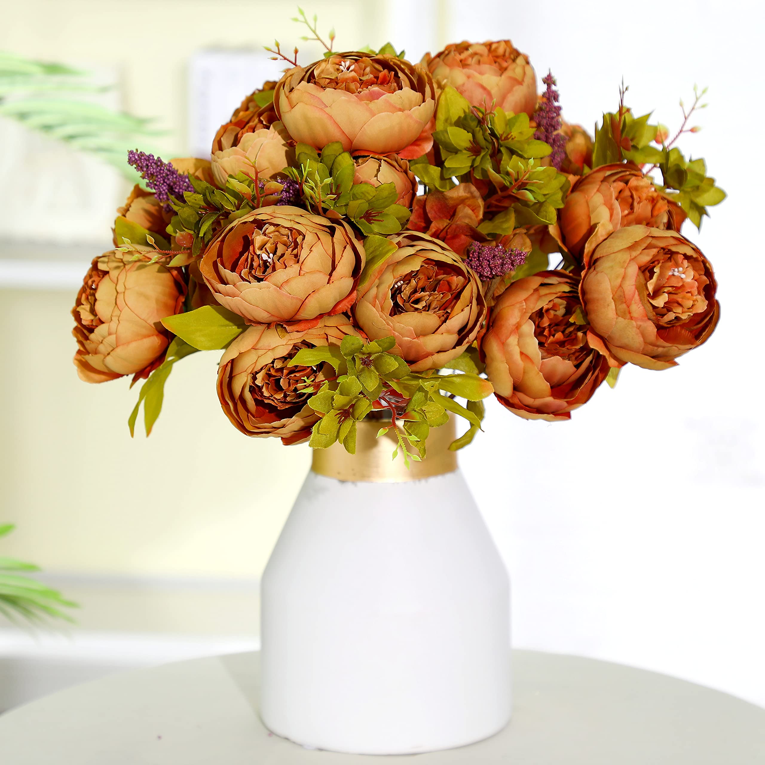 2 Bunches Artificial Silk Peony Vintage Flower Bouquet - Realistic Fake Flowers for Wedding Centerpieces, Home Decor, Party Table Arrangements (Coffee) - Perfect for Bridal Showers, Baby Showers & Farmhouse Style Decorations