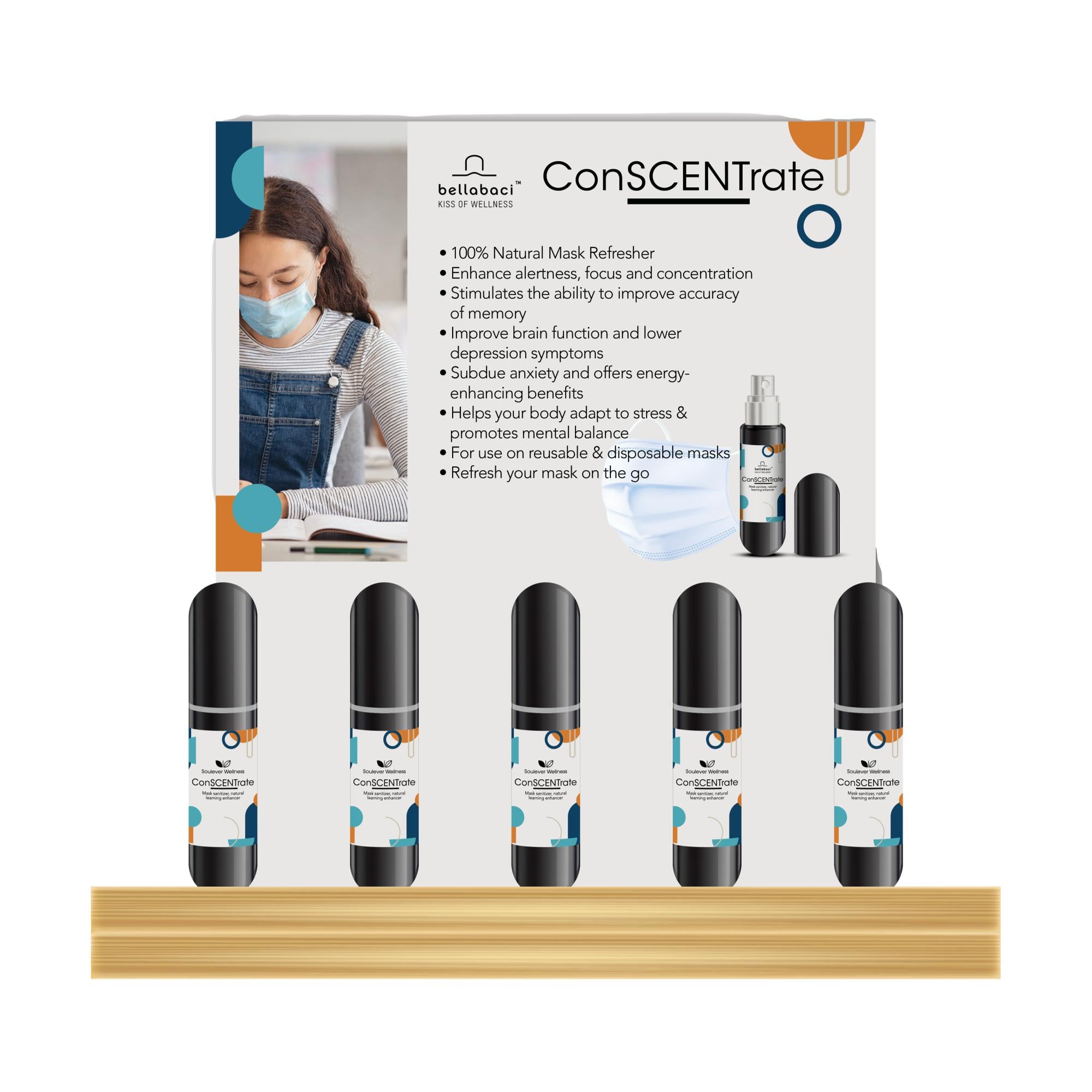 Bellabaci ConScentration Essential Oil Spray - 5ml Aromatherapy Oil for Focus & Relaxation - Retail Display & Tester Pack (26 Pieces) - Perfect for Spa, Yoga, Meditation & Home Office Use