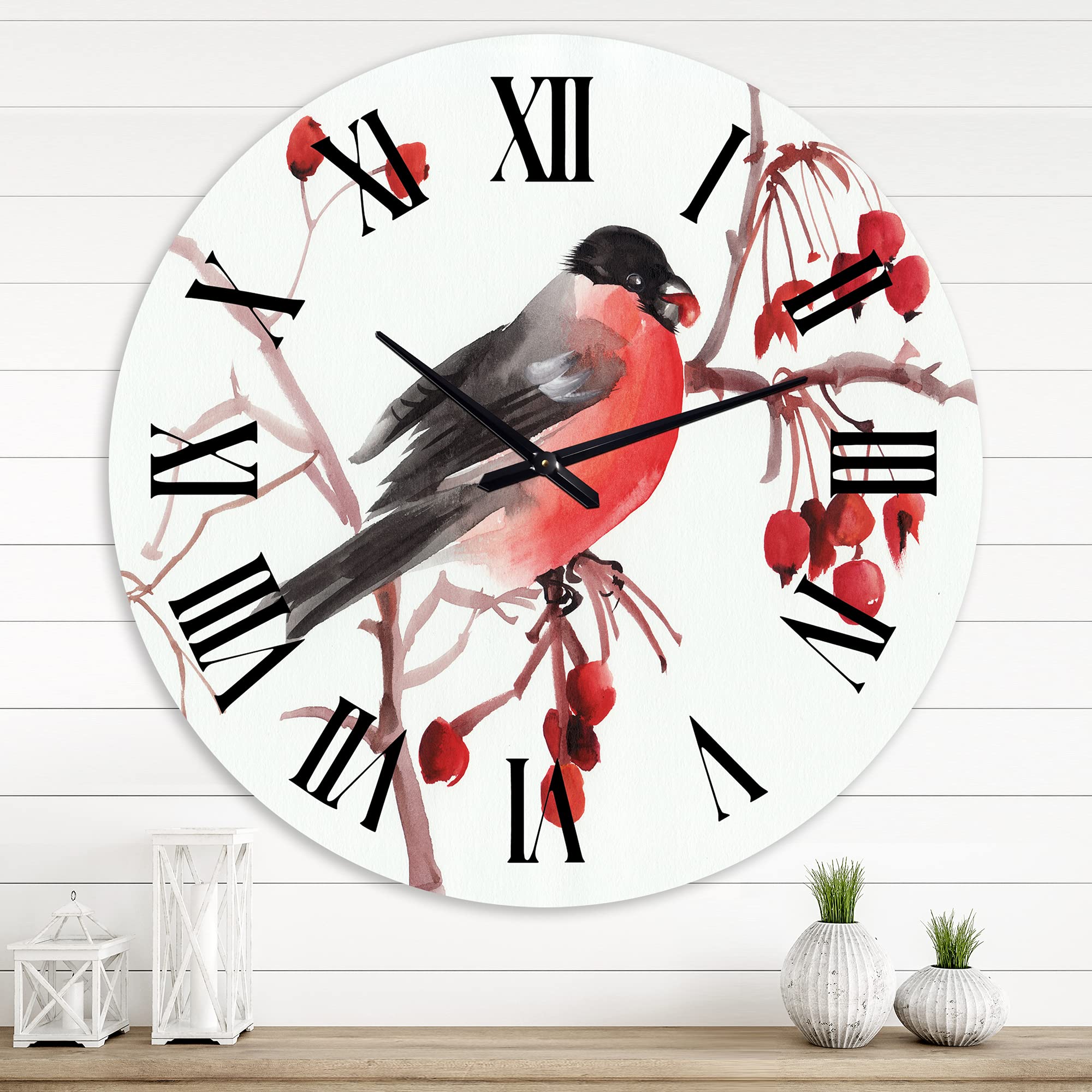 Large Traditional Wall Clock 'Bullfinch Bird On A Branch' - Decorative Animal Wall Clock for Living Room, Bedroom & Office - Silent Non-Ticking Home Decor