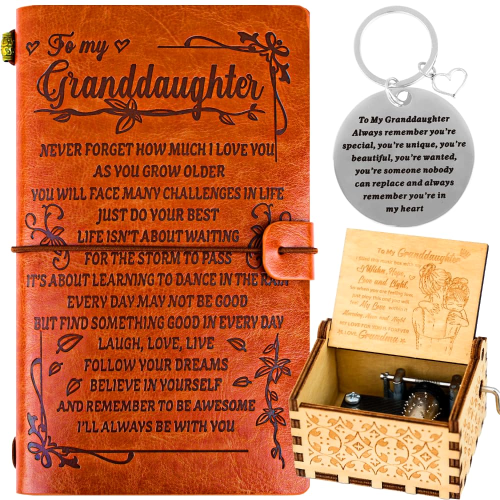 BoomBoomGifts Christmas & Birthday Gifts for Granddaughter - Leather Journal, Music Box & Keepsake Set | Thoughtful Present for Granddaughter | Perfect for Holidays, Special Occasions & Memory Keeping