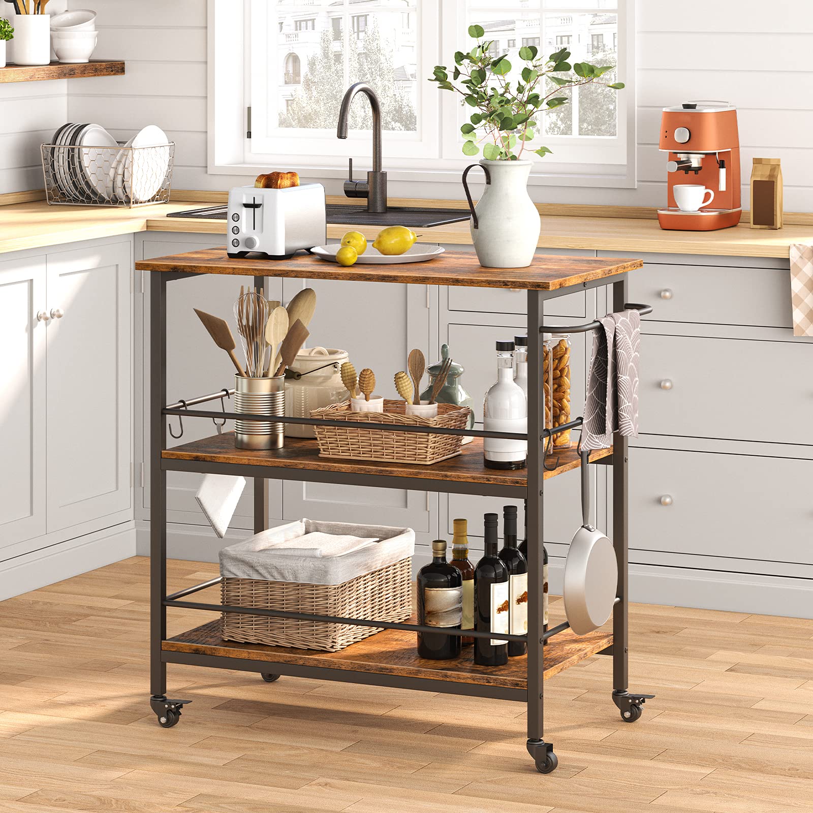 HOOBRO Industrial Kitchen Island Cart with Storage, 3-Tier Rolling Kitchen Counter with Hooks & Side Enclosures, Large Workstation - Space Saving, Easy Assembly, Rustic Brown & Black (BF03ZD01) - Perfect for Small Kitchens, Food Prep & Extra Counter Space