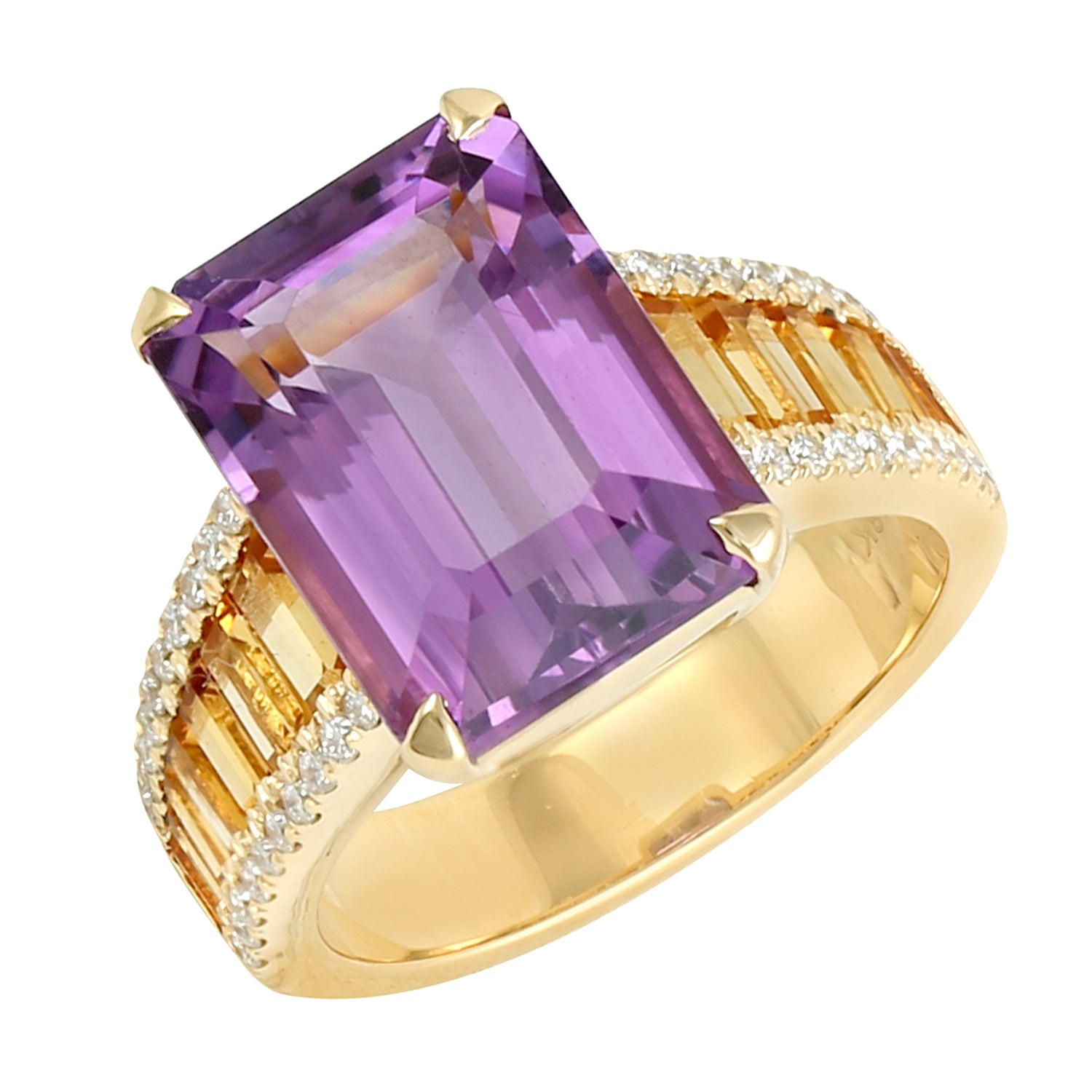Emerald Cut Amethyst and Baguette Cut Citrine Pave Diamond Cocktail Ring in 14K Gold for Women | Elegant Evening Party, Wedding, Anniversary Gift Jewelry