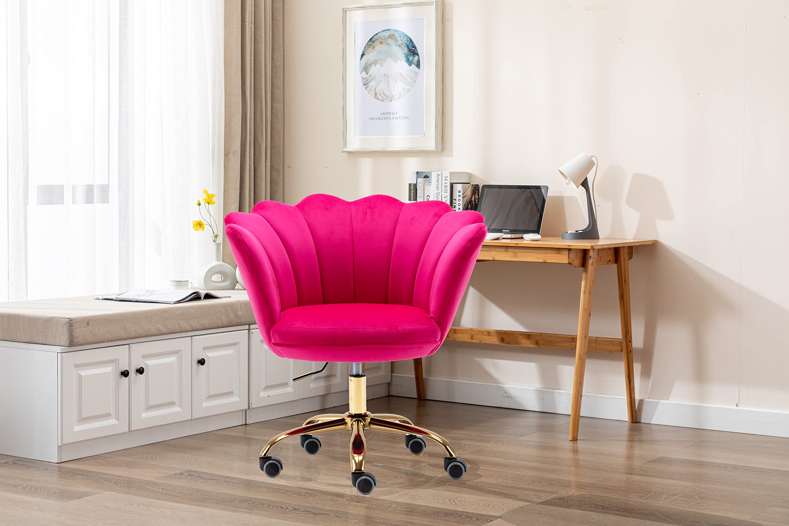 Modern Velvet Home Office Chair with Wheels & Swivel - Adjustable Height Desk Chair for Work, Study, Makeup Vanity - Rose Red for Living Room, Bedroom & Home Office
