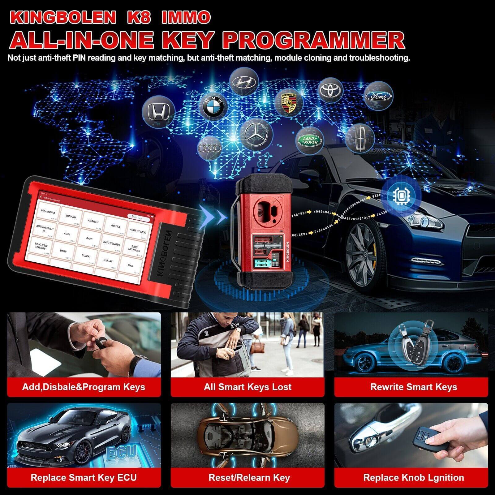 2025 KINGBOLEN K8 IMMO All System Car Diagnostic Tool - OBD2 Scanner with Key Programming, ECU Coding & Anti-Theft Functions | 24 Reset Services + 2 Years Free Updates | Perfect for Auto Repair Shops & DIY Mechanics