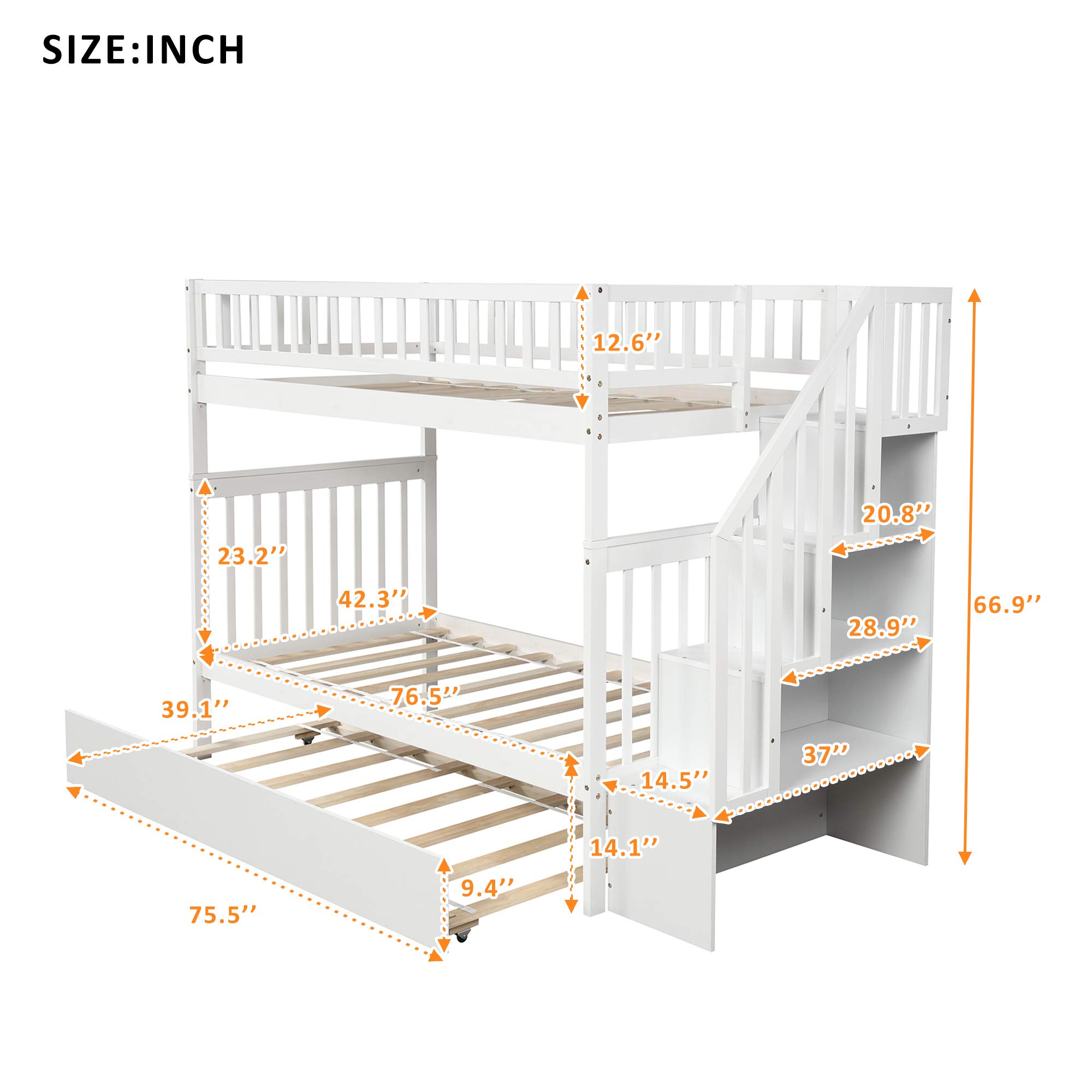 LF Twin Over Twin Bunk Bed Frame for Kids & Teens - Convertible Wooden Full Size Bunk Beds with Trundle, Stairway & Storage - Separates into 3 Individual Beds (White) - Perfect for Kids' Bedrooms, Guest Rooms & Space-Saving Solutions