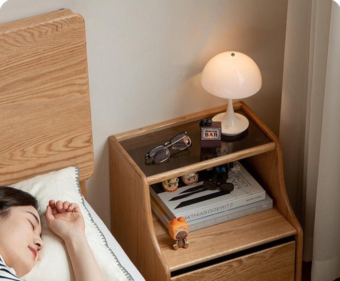 Solid Oak Wood Nightstand with Glass Top - Modern Bedside Table for Bedroom, Living Room, or Office
