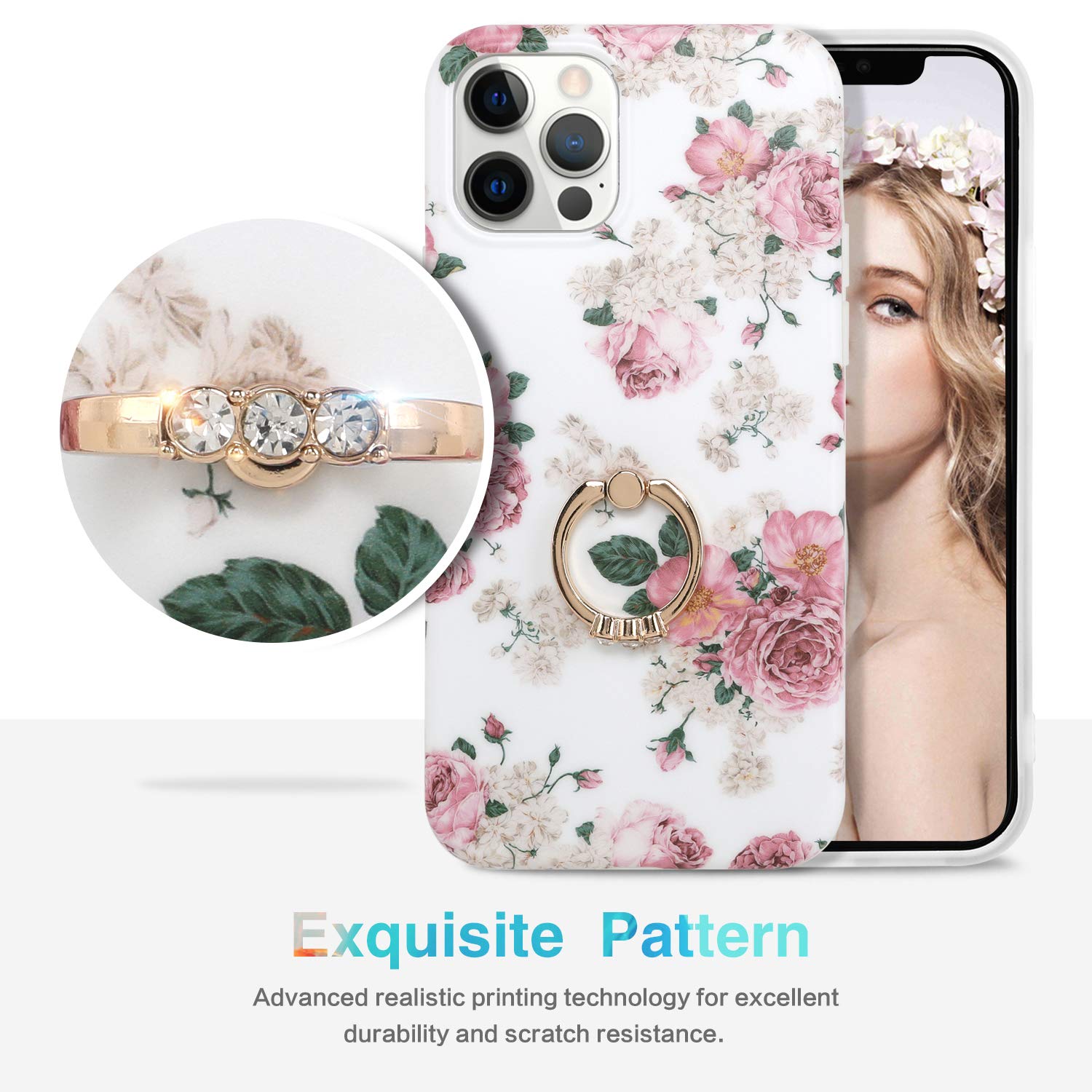 **iPhone 12 Pro Max Case for Women - Floral Pattern Ultra Thin Matte Soft TPU Silicone Cover with 360° Ring Holder - Compatible with Apple iPhone 12 Pro Max 6.7